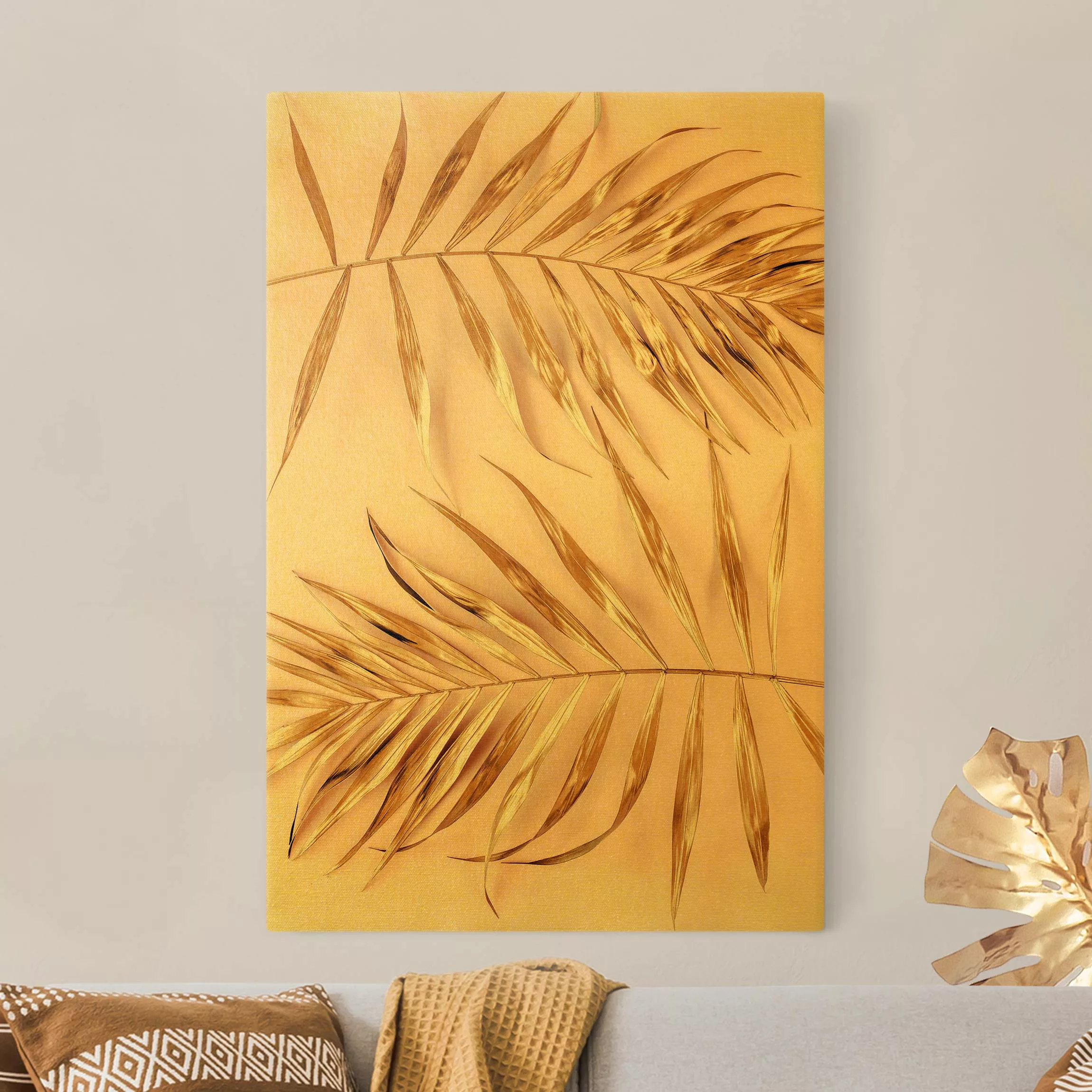 Leinwandbild Gold Goldene Palmenblätter auf Rosa günstig online kaufen