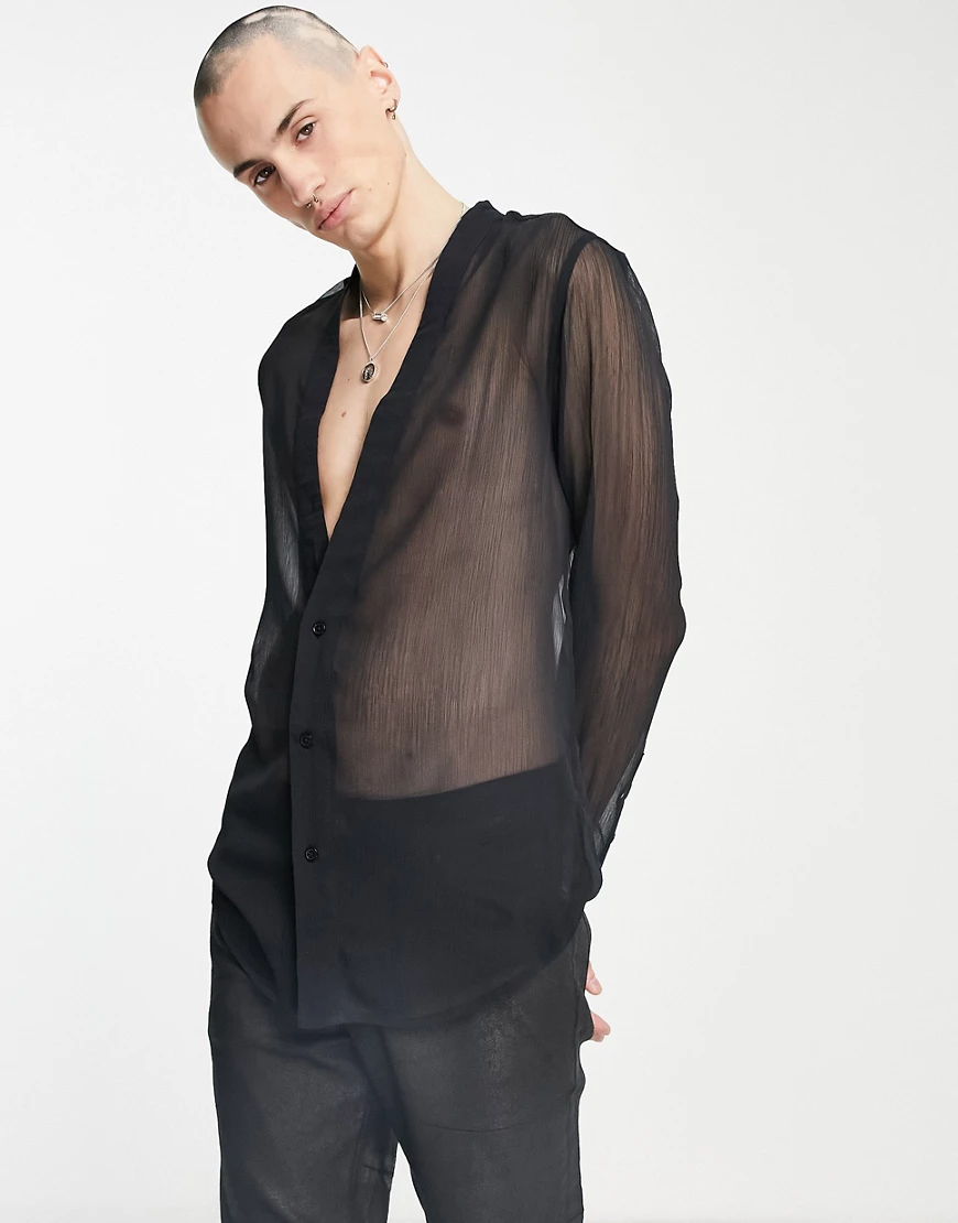 ASOS DESIGN – Transparentes Hemd in Schwarz mit normalem Schnitt und tiefem günstig online kaufen