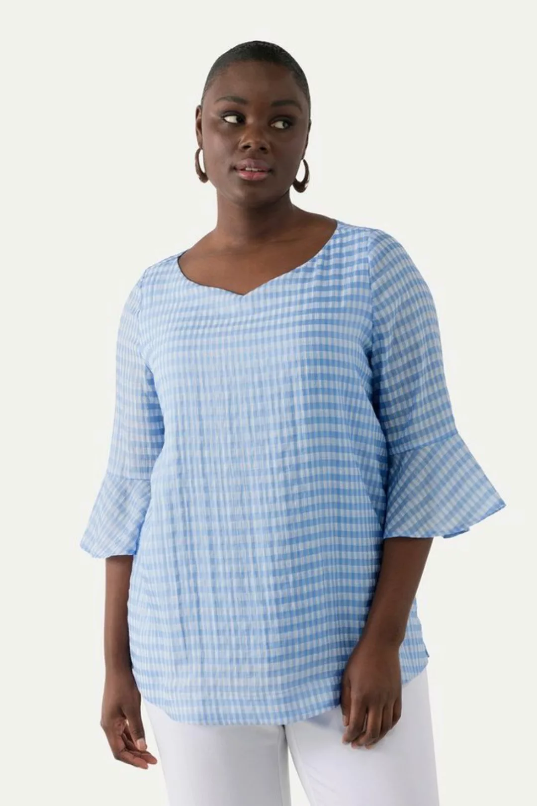 Ulla Popken Druckbluse Blusenshirt Karo Herzausschnitt 3/4-Glockenarm günstig online kaufen