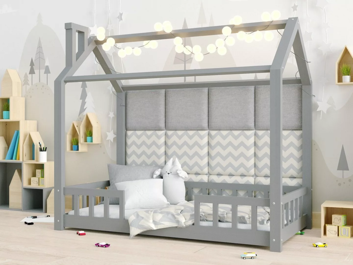 Deine Möbel 24 Hausbett Kinderbett für 1 Kind ROSI 140x200 in Weiß Grau Kie günstig online kaufen
