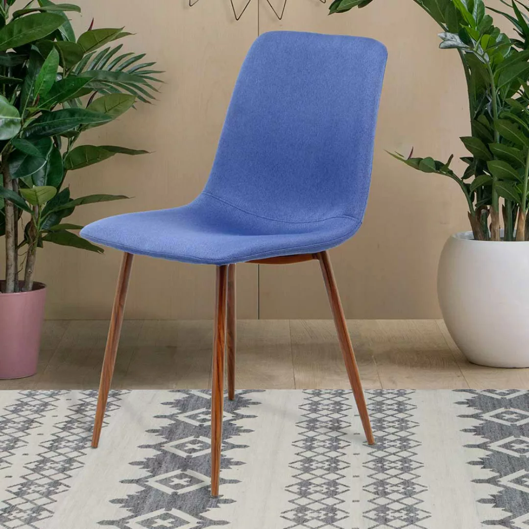 Esstisch Stühle in Blau Webstoff Metallgestell in Holzfarbe (2er Set) günstig online kaufen