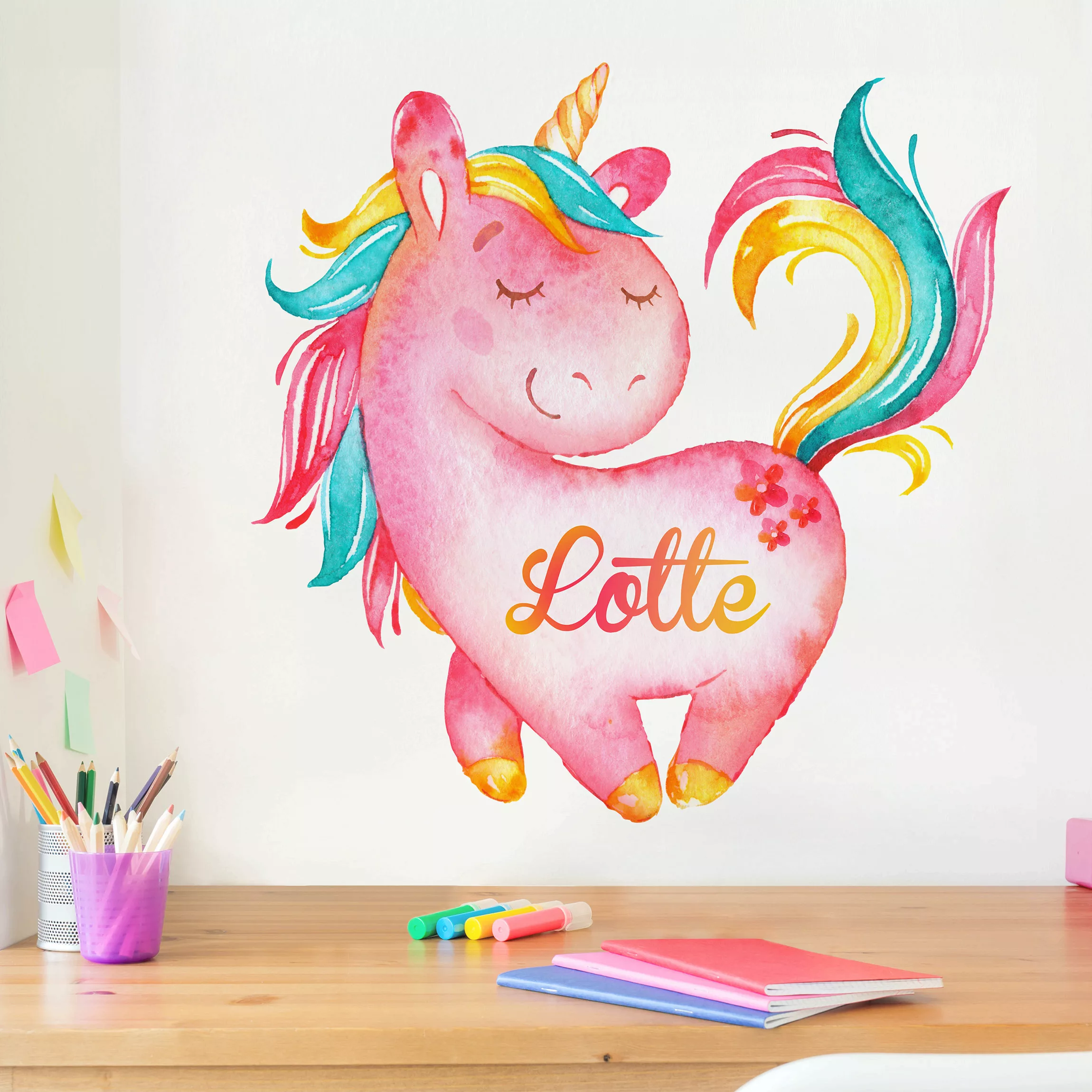 Wunschtext-Wandtattoo Kinderzimmer Einhorn mit Kindername Wunschtext Rosa günstig online kaufen