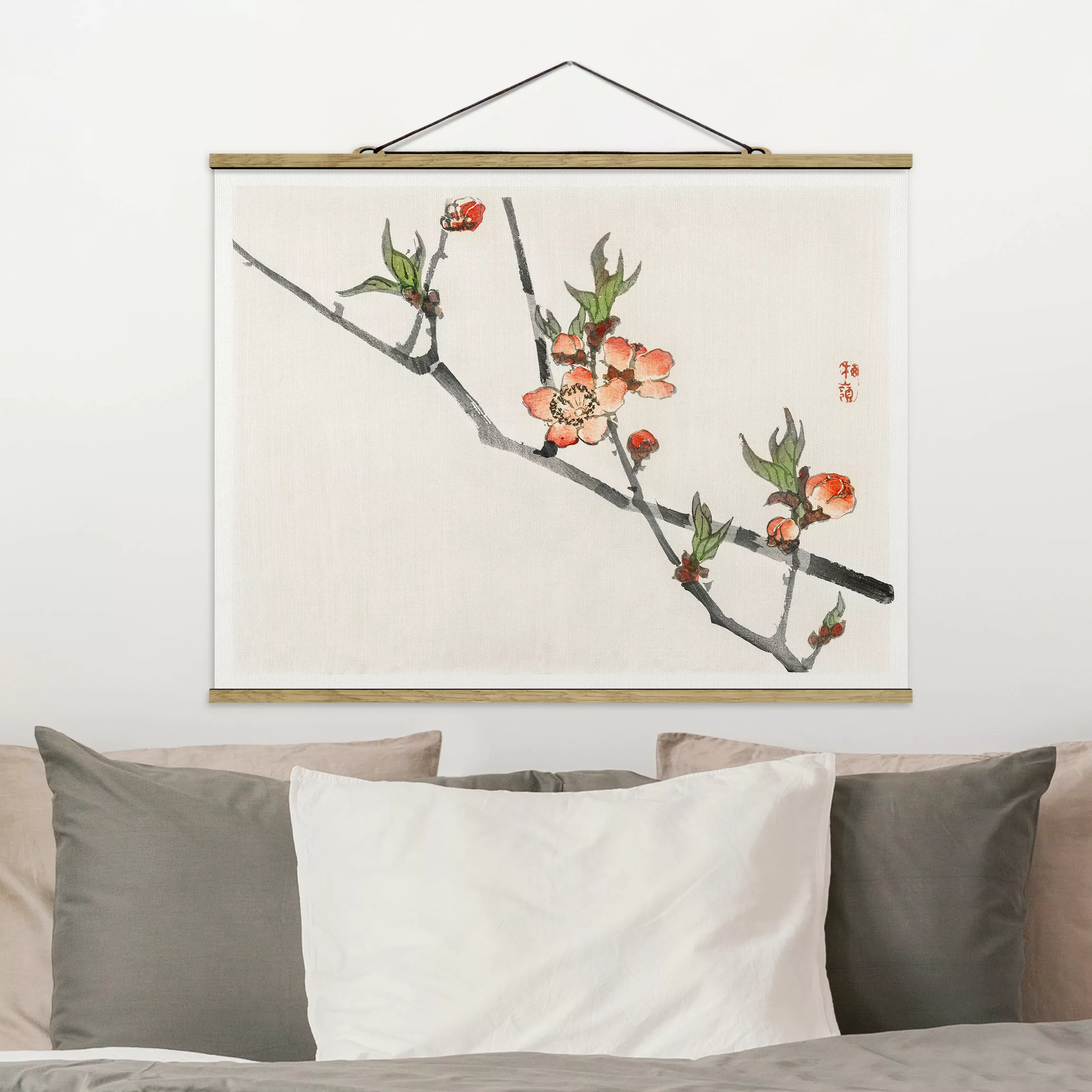 Stoffbild Blumen mit Posterleisten - Querformat Asiatische Vintage Zeichnun günstig online kaufen