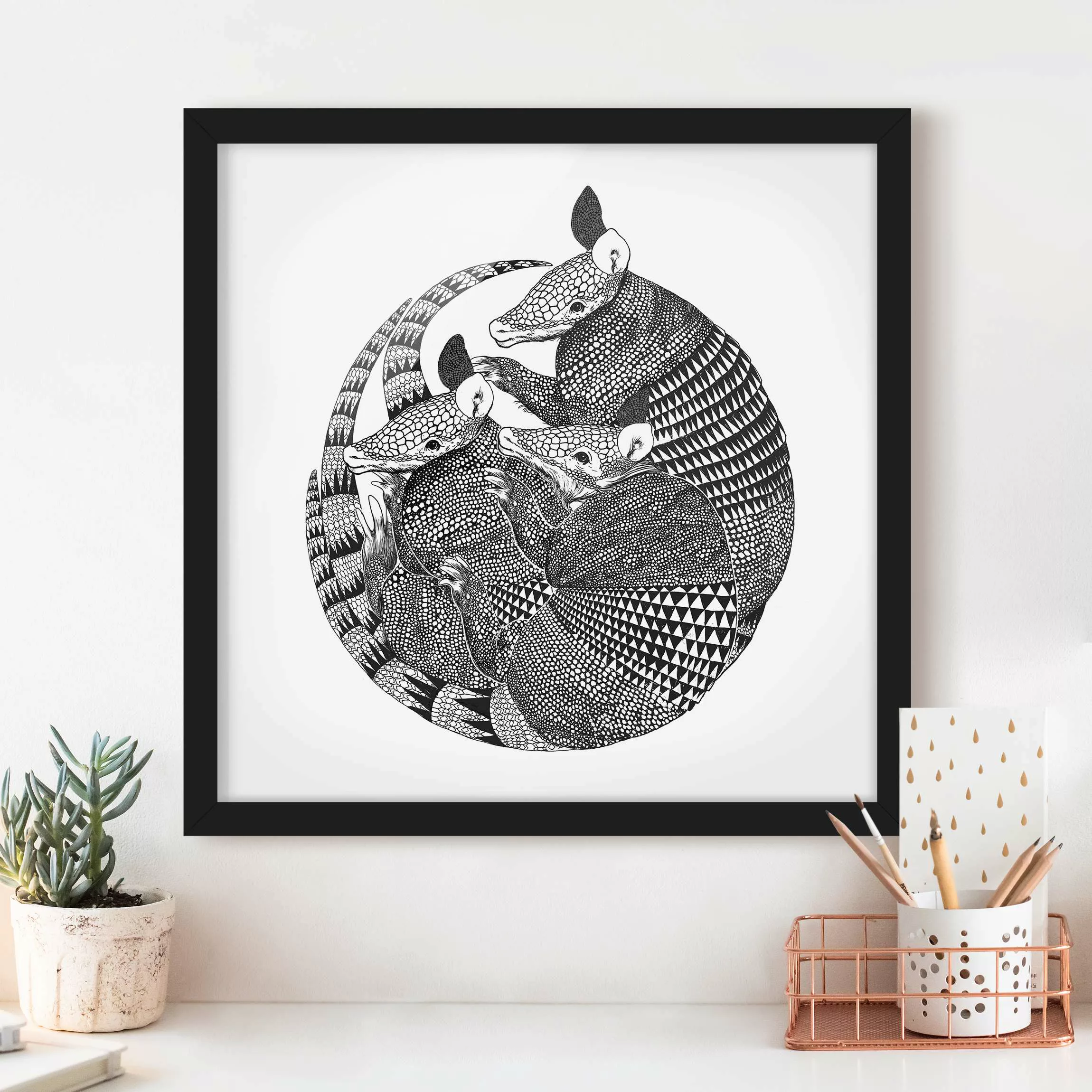 Bild mit Rahmen Tiere - Quadrat Illustration Gürteltiere Schwarz Weiß Muste günstig online kaufen