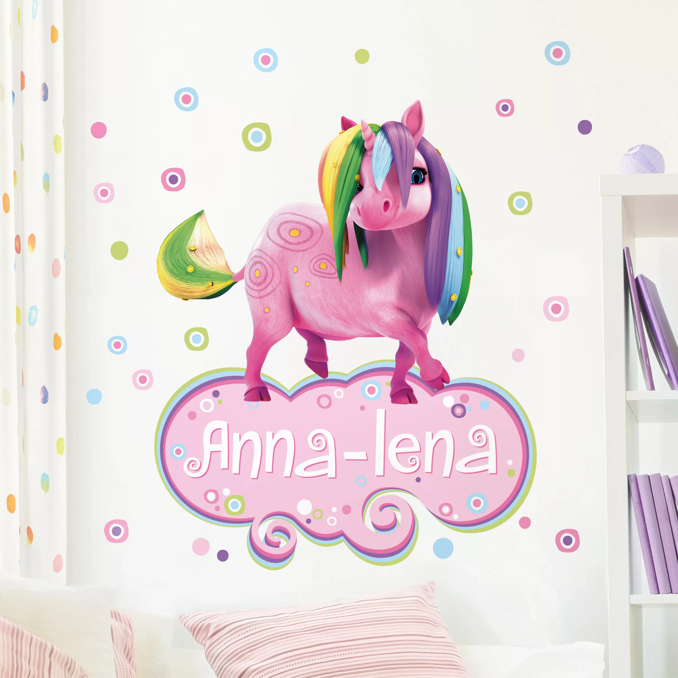 Wunschtext-Wandtattoo Kinderzimmer Mia and me - Regenbogen Ponycorn mit Wun günstig online kaufen