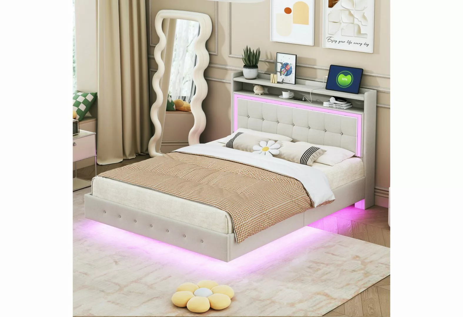 REDOM Polsterbett Doppelbett mit USB-Steckdose und LED-Licht (verstecktes F günstig online kaufen