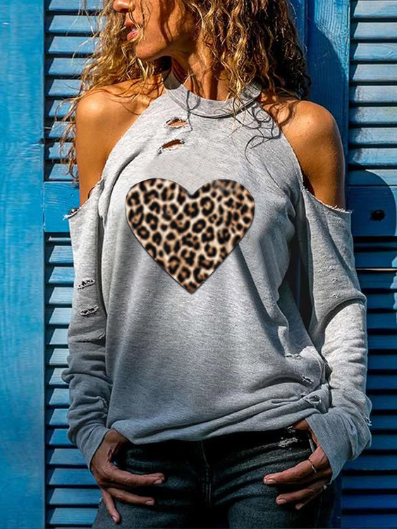 YOINS Grey Leopard Heart Ripped Cold Shoulder Langarm-T-Shirt günstig online kaufen