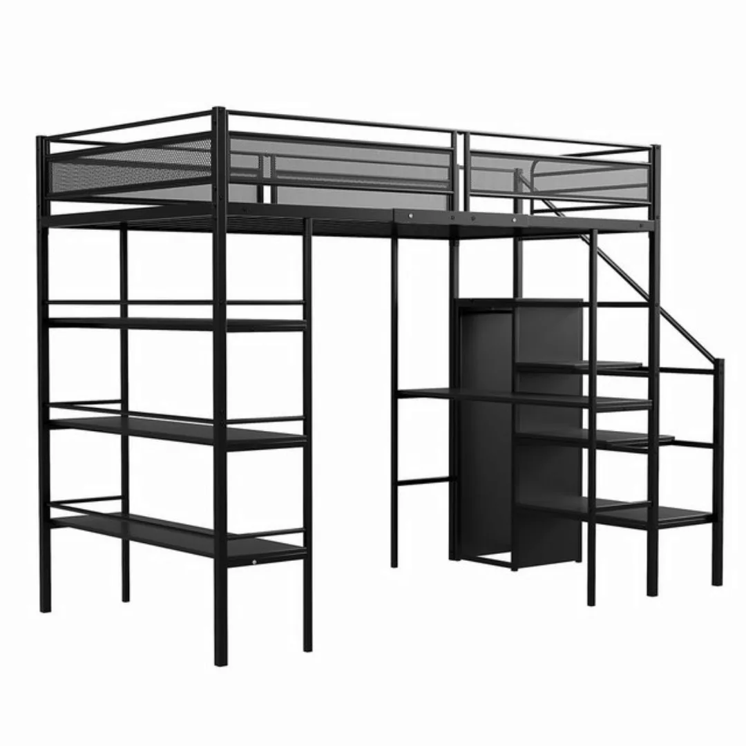 Flieks Hochbett Metallbett 90x200cm mit Schreibtisch Stauraumtreppe Kleider günstig online kaufen