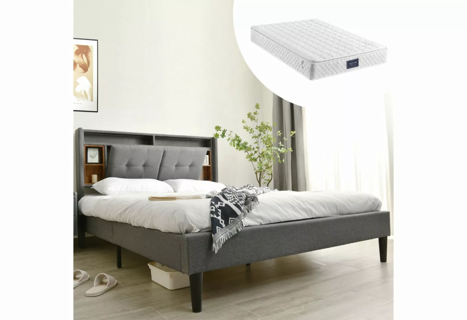 MODFU Polsterbett Doppelbett Stauraum-Kopfteil Bett (140x200 cm Inklusive M günstig online kaufen
