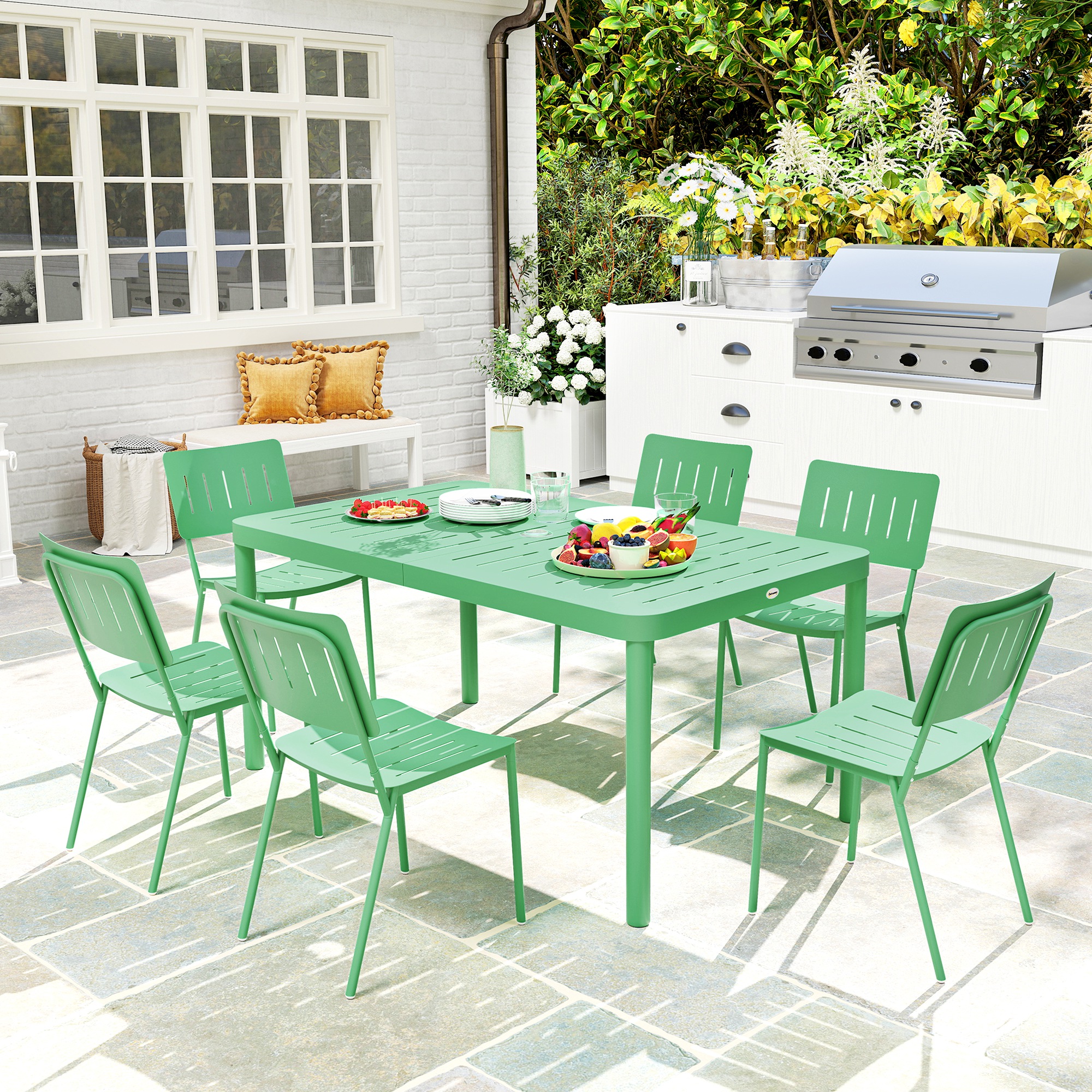 Outsunny Gartenmöbel Set 7-teilig, Outdoor Gartentisch mit 6 Stühlen, Latte günstig online kaufen