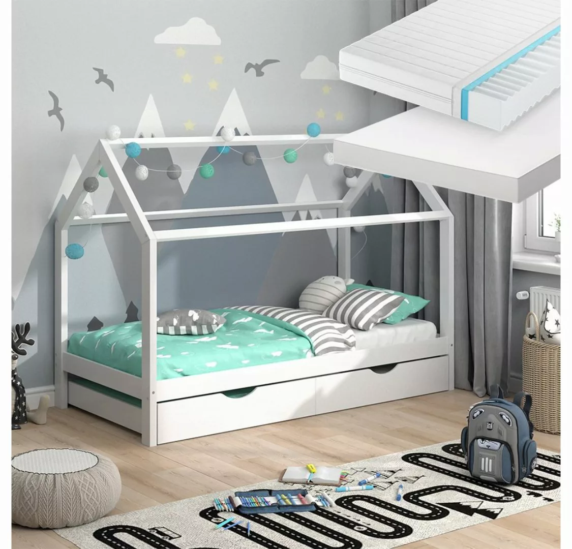 VitaliSpa® Kinderbett Hausbett Gästebett 90x200cm WIKI Weiß Schublade 2 Mat günstig online kaufen