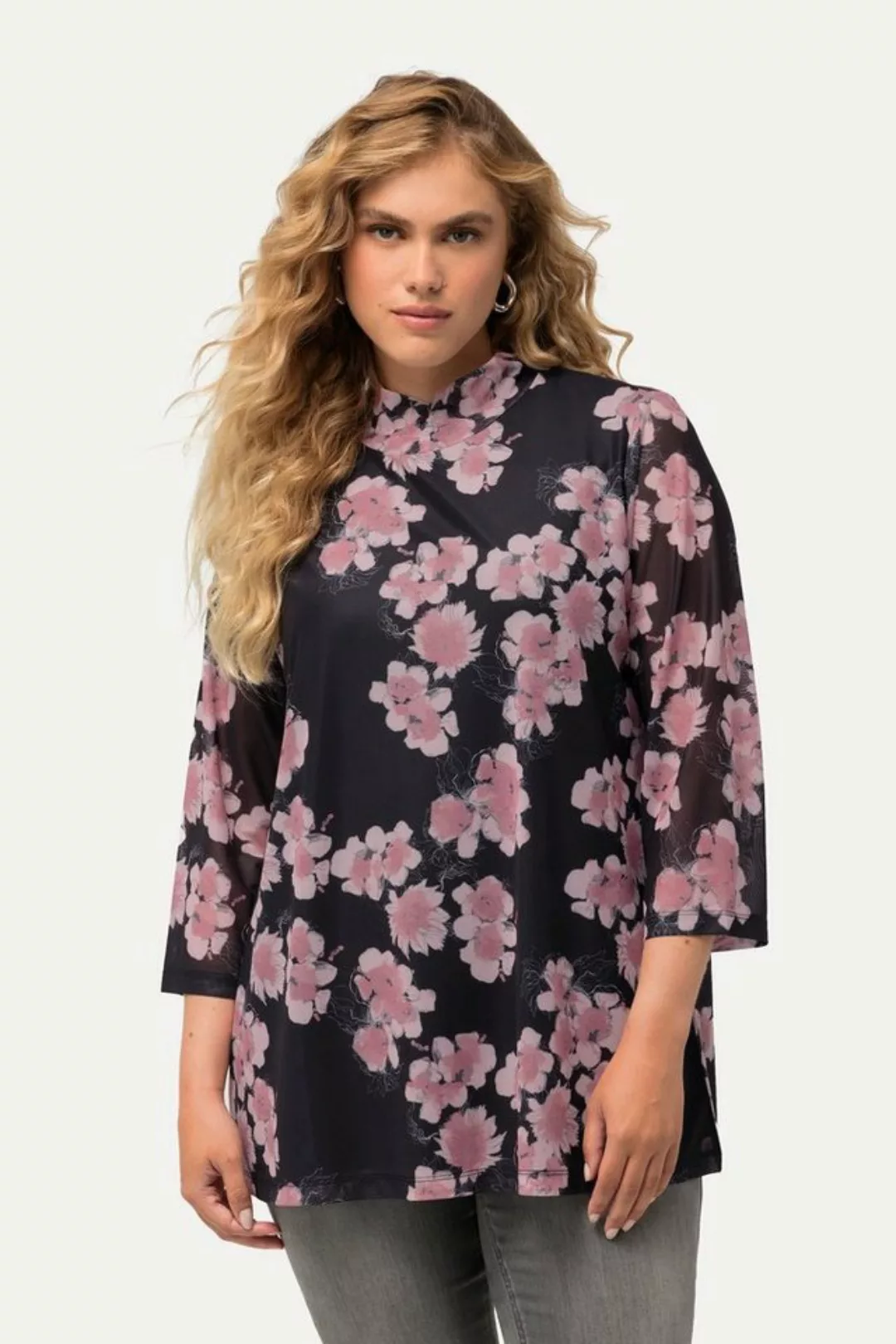 Ulla Popken Longsleeve Mesh-Shirt Blumen A-Linie Stehkragen 3/4-Arm günstig online kaufen