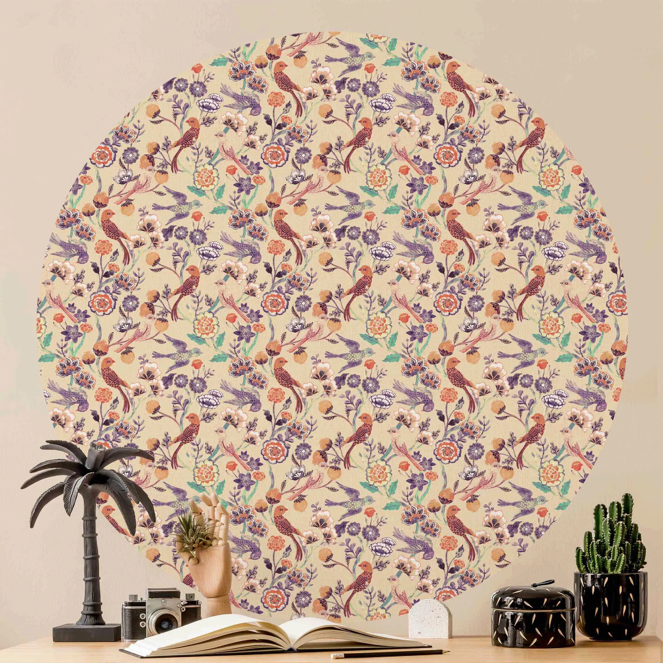 Runde Tapete selbstklebend Indisches Muster Vögel mit Blumen Beige günstig online kaufen