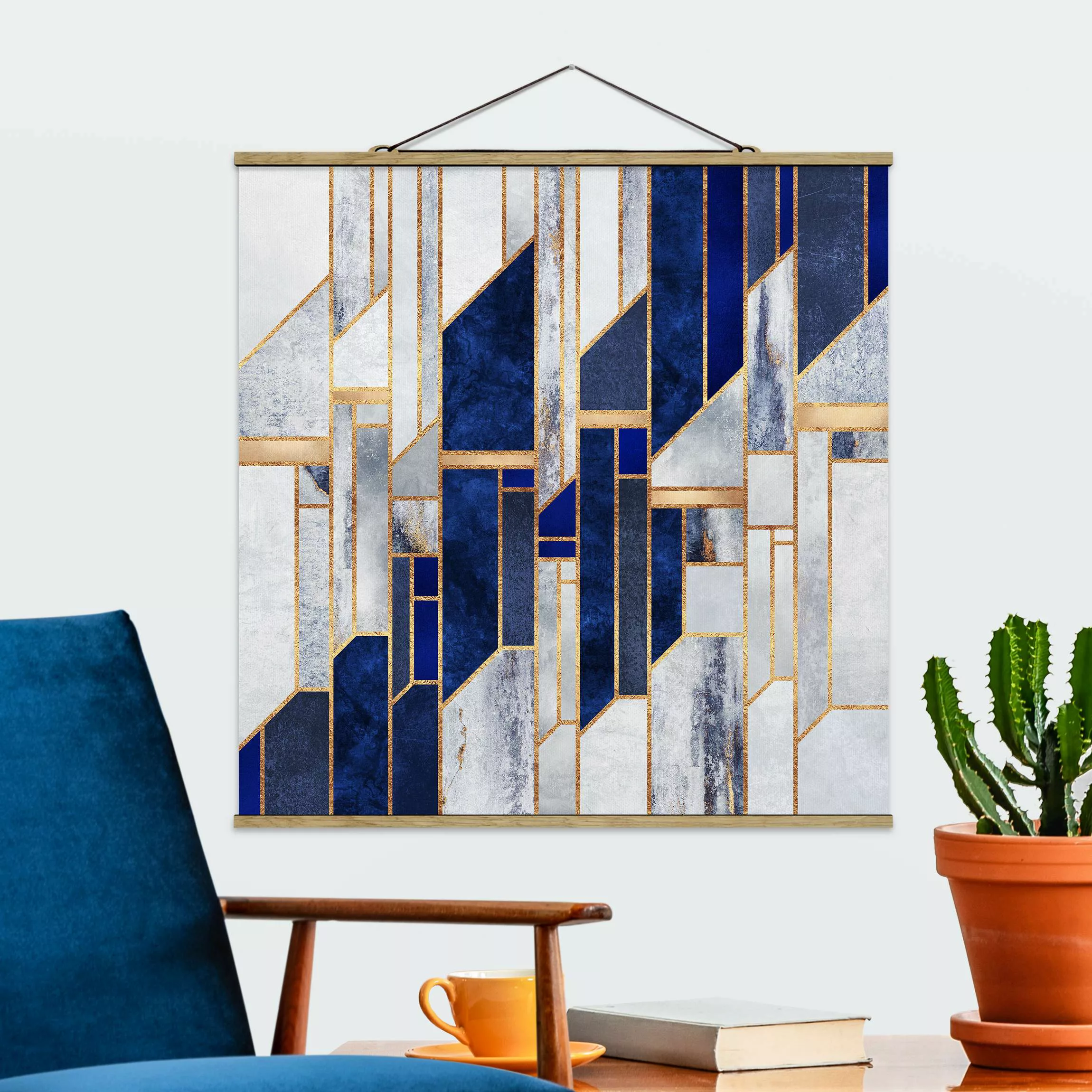 Stoffbild Abstrakt mit Posterleisten - Quadrat Geometrische Formen mit Gold günstig online kaufen