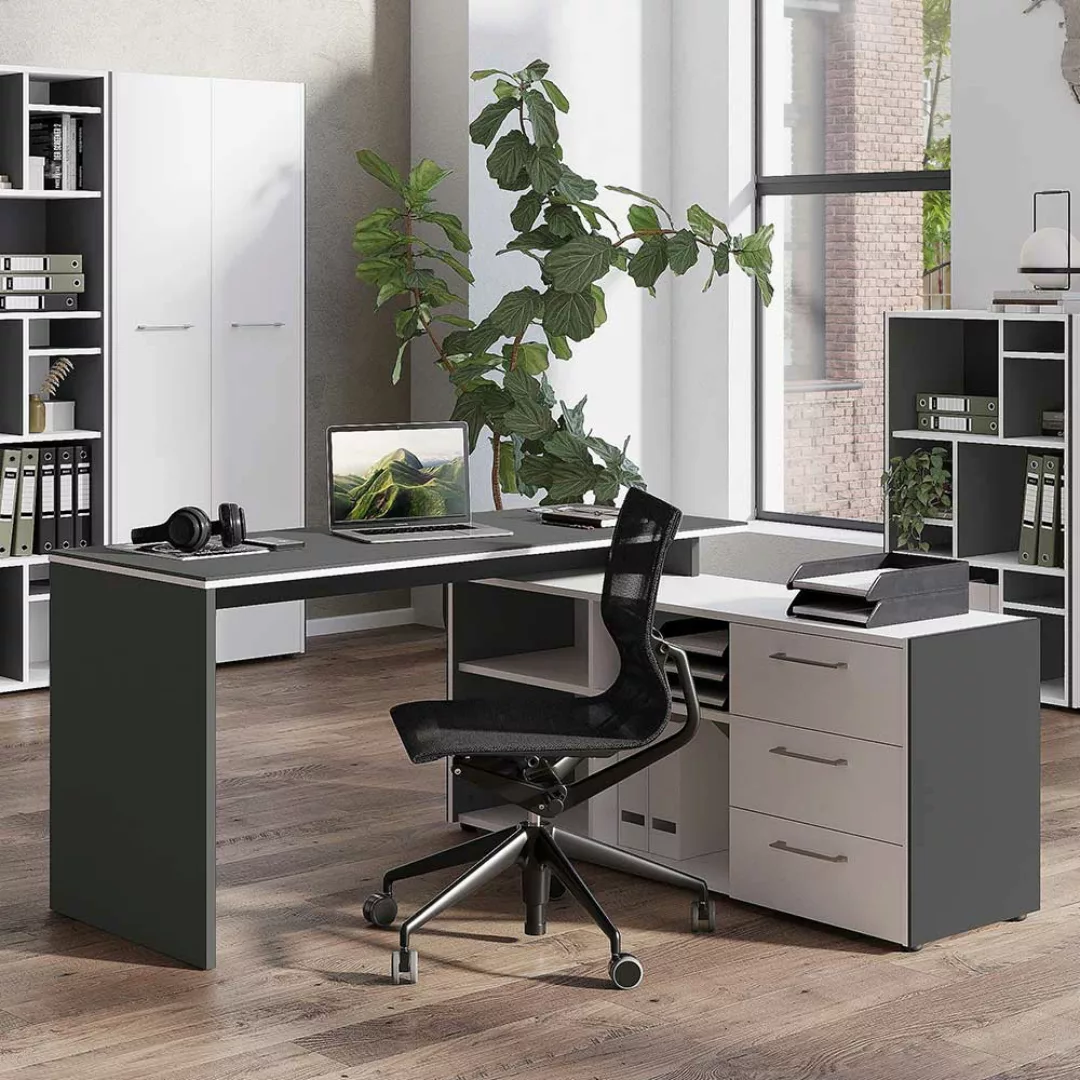 Schreibtisch mit Schrank in Weiß Dunkelgrau günstig online kaufen