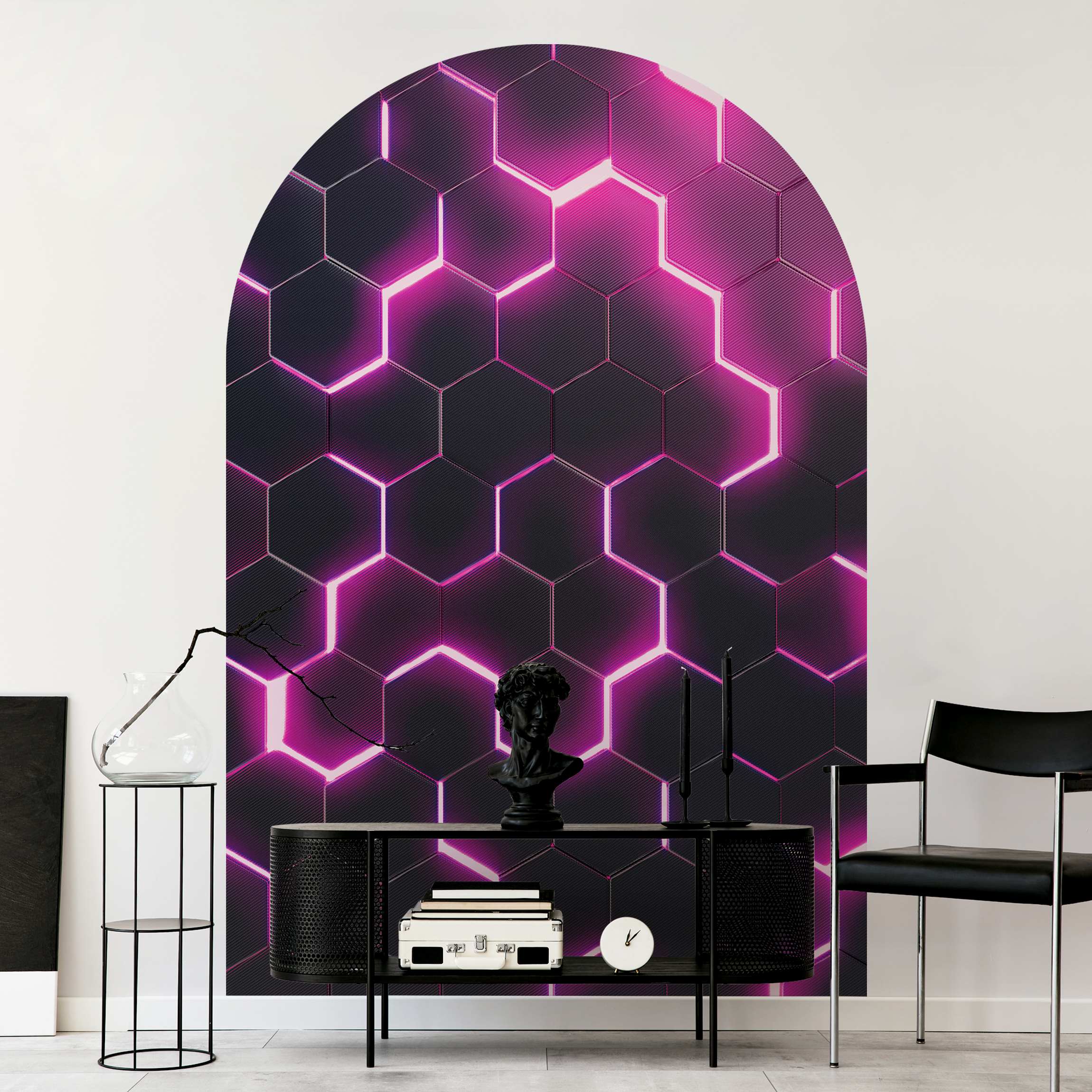 Rundbogen Tapete Strukturierte Hexagone mit Neonlicht in Pink günstig online kaufen