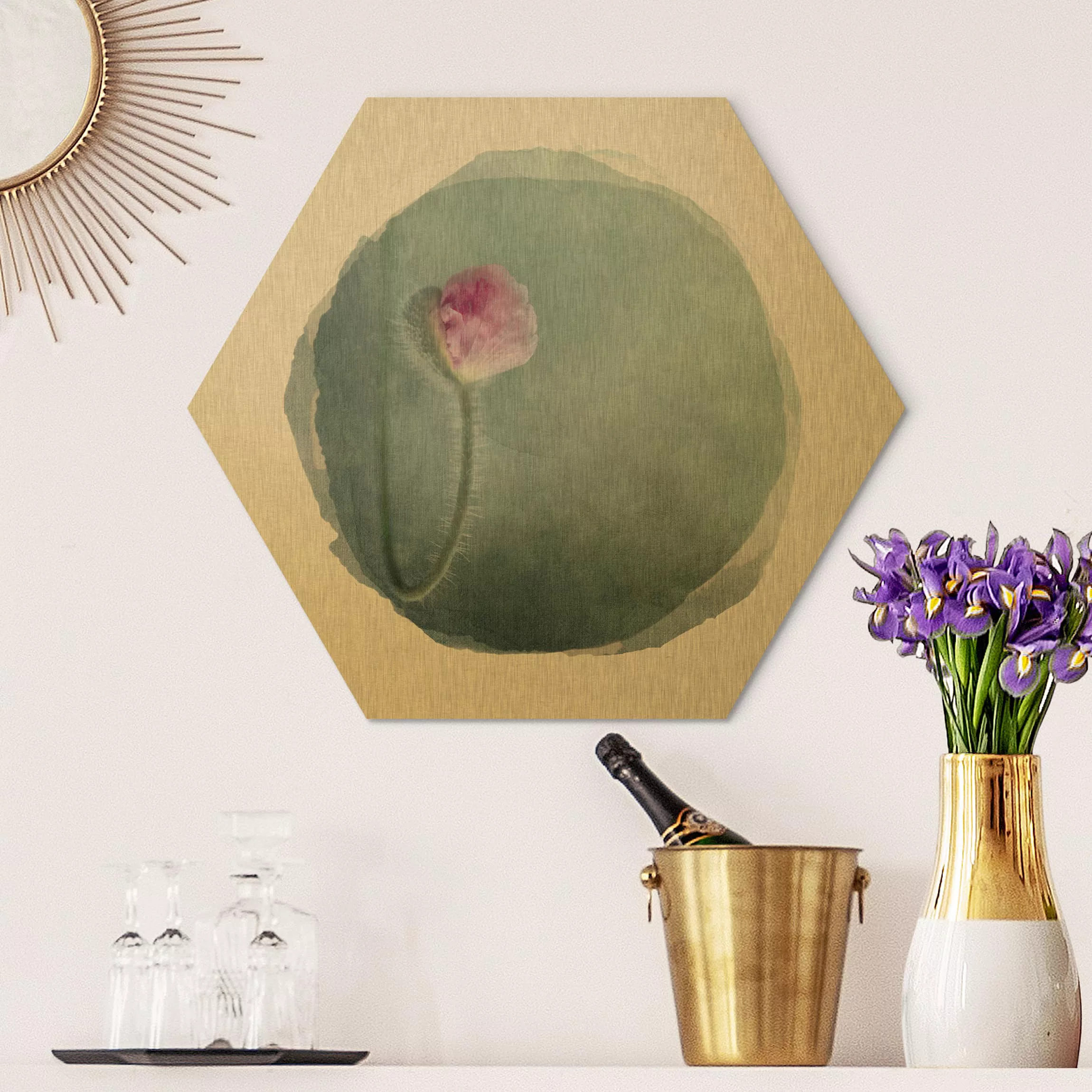 Hexagon-Alu-Dibond Bild Blumen Wasserfarben - Blüte in Rosa günstig online kaufen