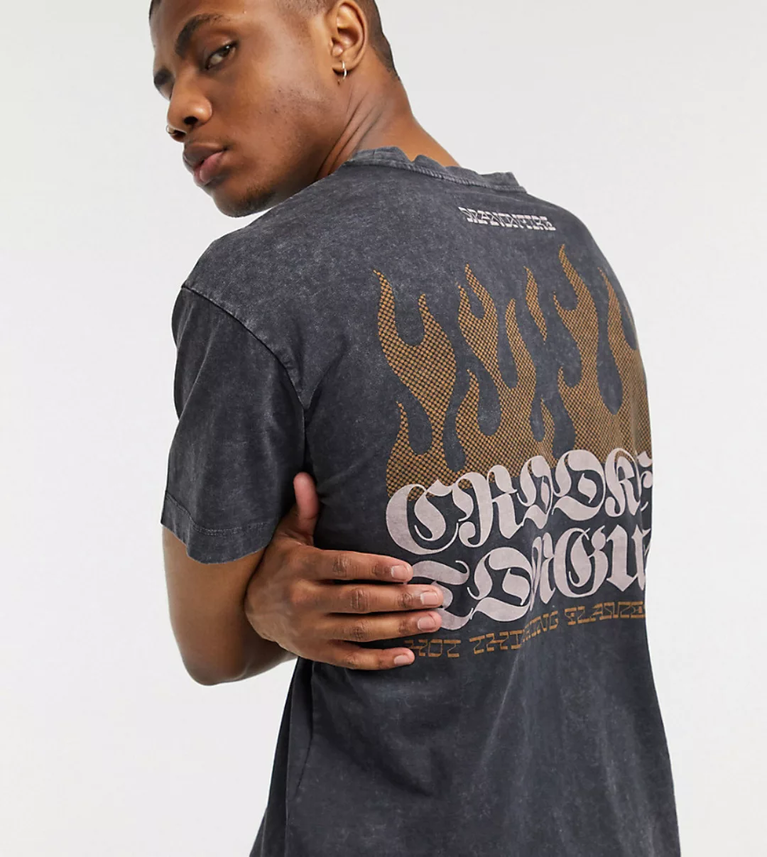 Crooked Tongues – Schwarzes Oversize-T-Shirt mit Flammen-Rückenprint günstig online kaufen