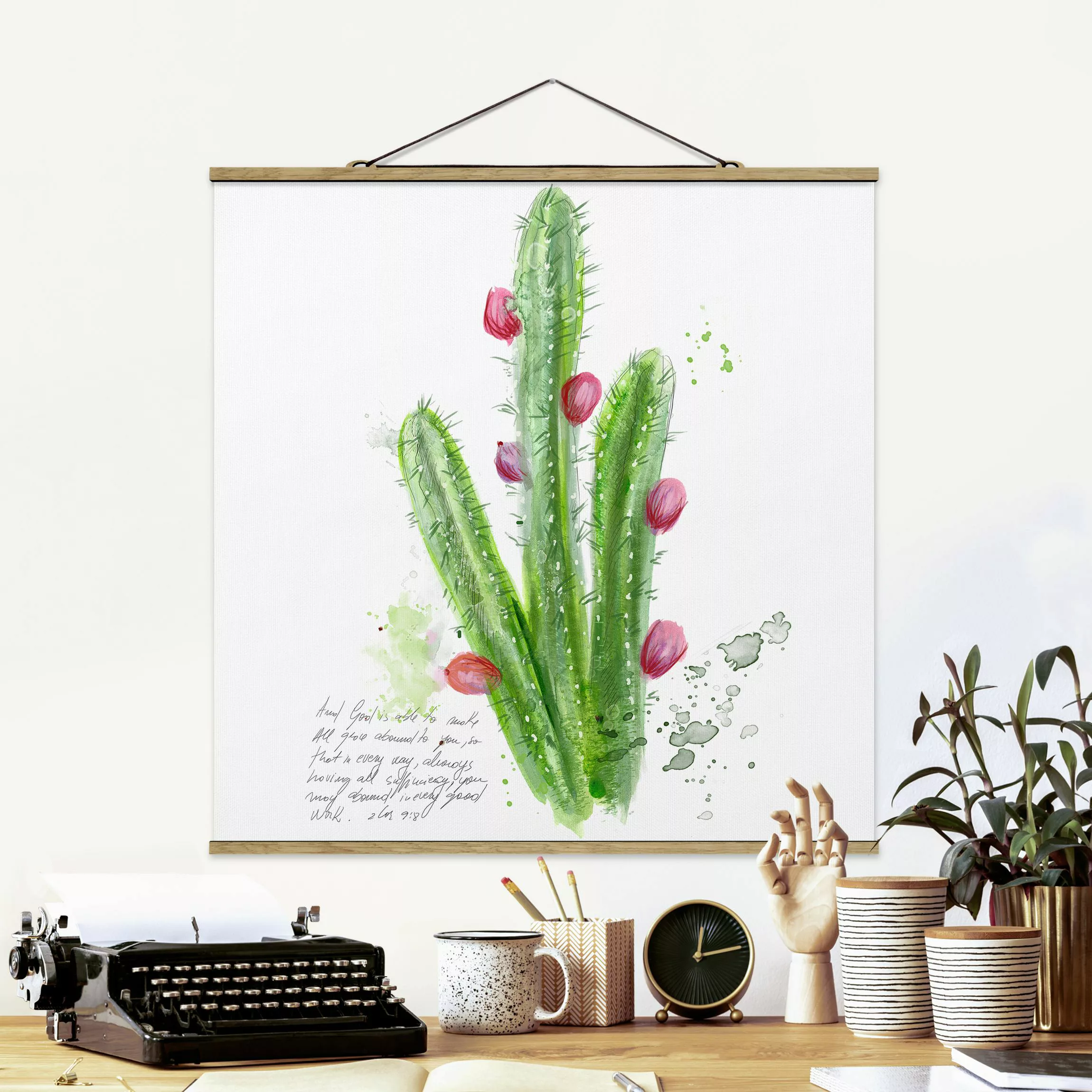 Stoffbild Blumen mit Posterleisten - Quadrat Kaktus mit Bibelvers II günstig online kaufen