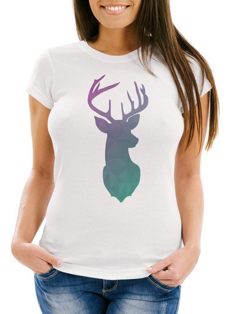 Neverless Print-Shirt Damen T-Shirt Hirsch Geweih Kopf Deer Watercolor Poly günstig online kaufen