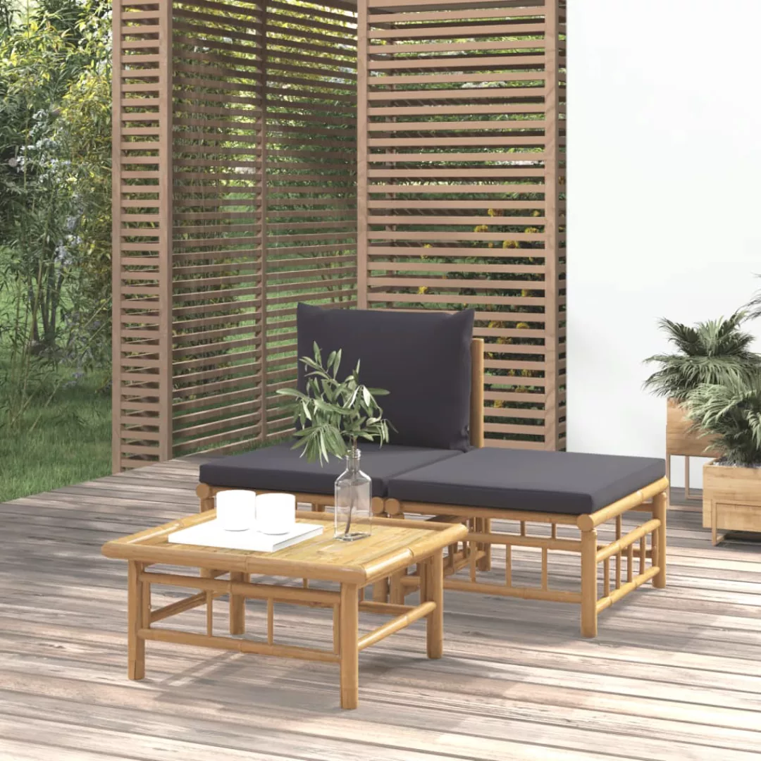 Vidaxl 3-tlg. Garten-lounge-set Mit Dunkelgrauen Kissen Bambus günstig online kaufen