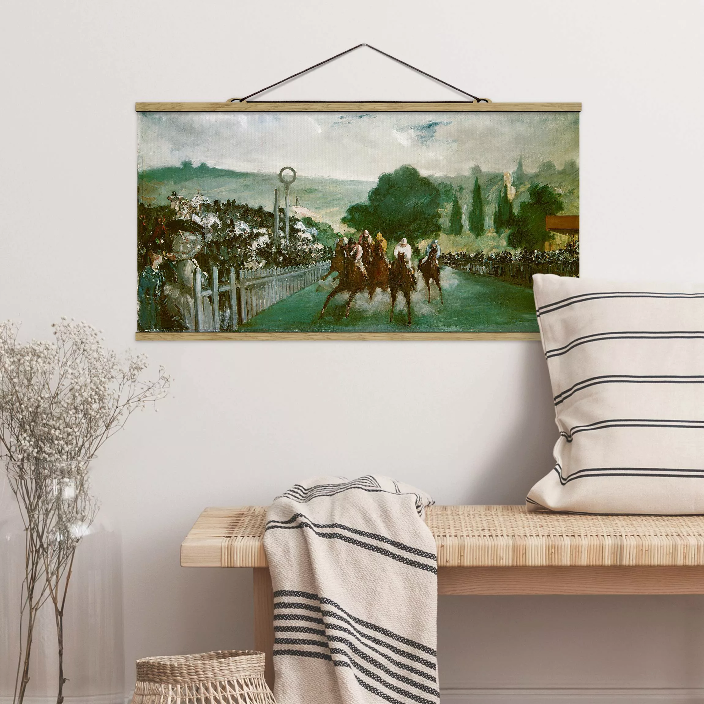 Stoffbild Tiere mit Posterleisten - Querformat Edouard Manet - Pferderennen günstig online kaufen