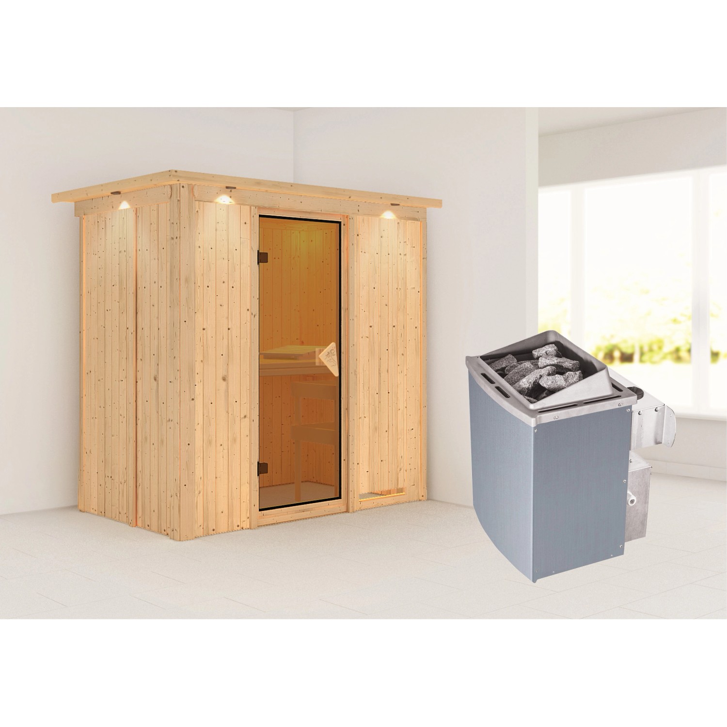 Karibu Sauna Vera + Ofen eing. Strg., Glastür satiniert, LED-Dachkranz günstig online kaufen