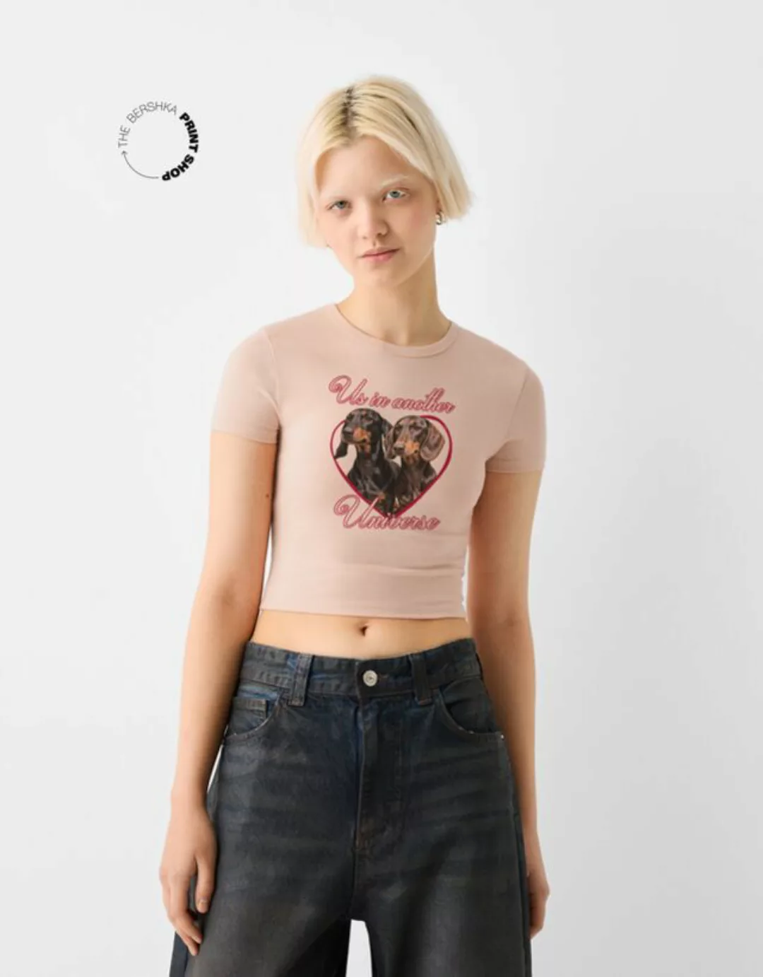 Bershka T-Shirt Mit Print Damen L Rosa günstig online kaufen