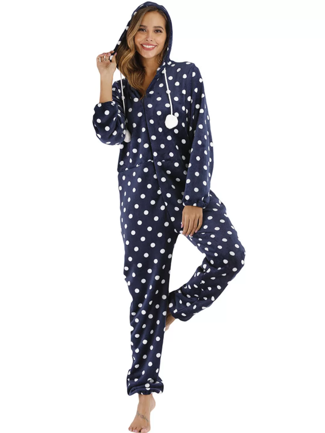 Plus Größe Flanelle Onesies Pyjamas Polka Dot Kapuze Front Reißverschluss C günstig online kaufen