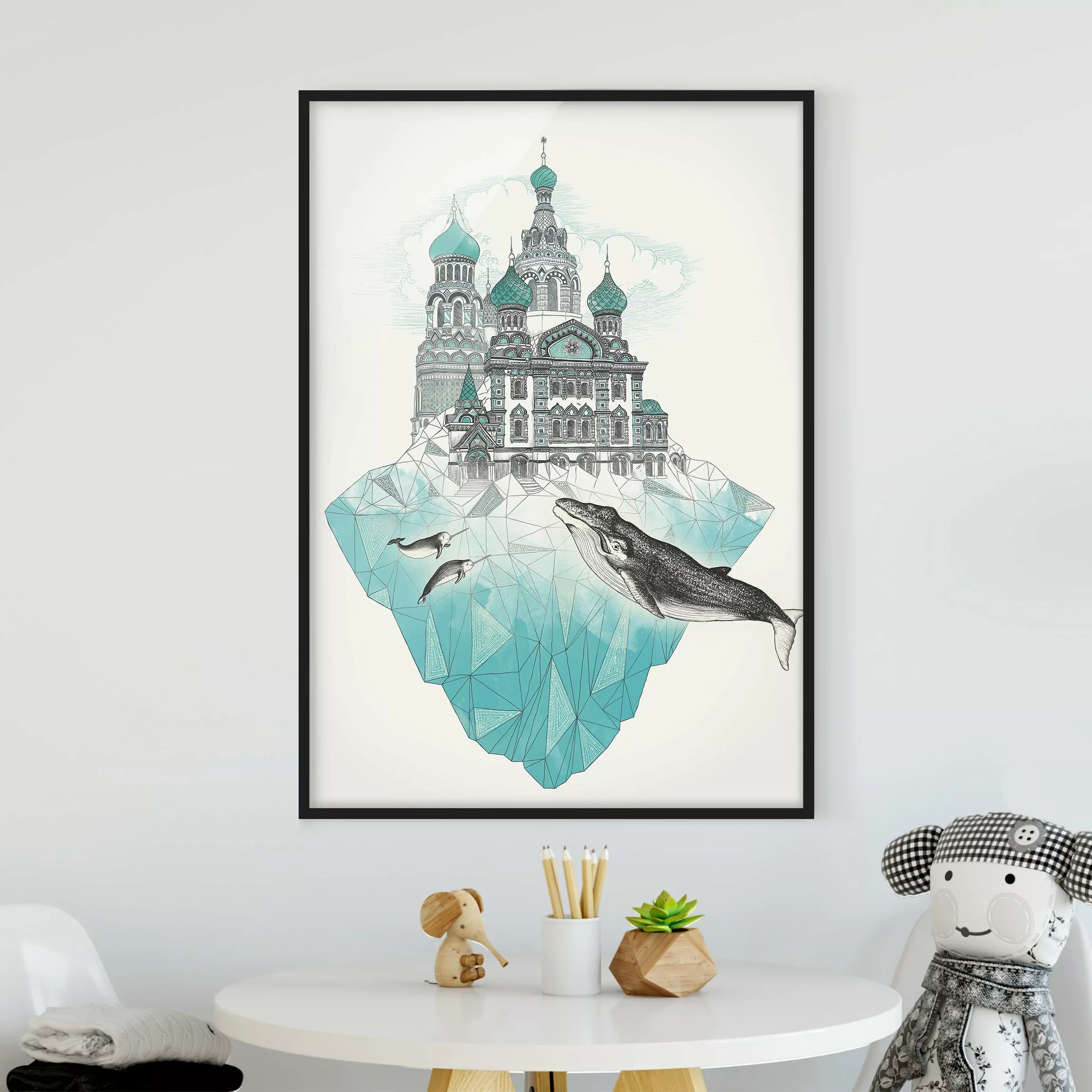 Bild mit Rahmen Tiere - Hochformat Illustration Kirche mit Kuppeln und Wal günstig online kaufen