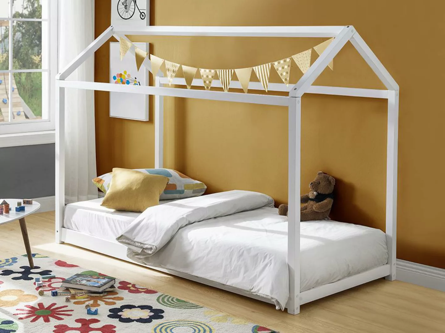 Kinderbett Hausbett + Matratze - 90 x 190 cm - Kiefernholz - Weiß - AVENTUR günstig online kaufen