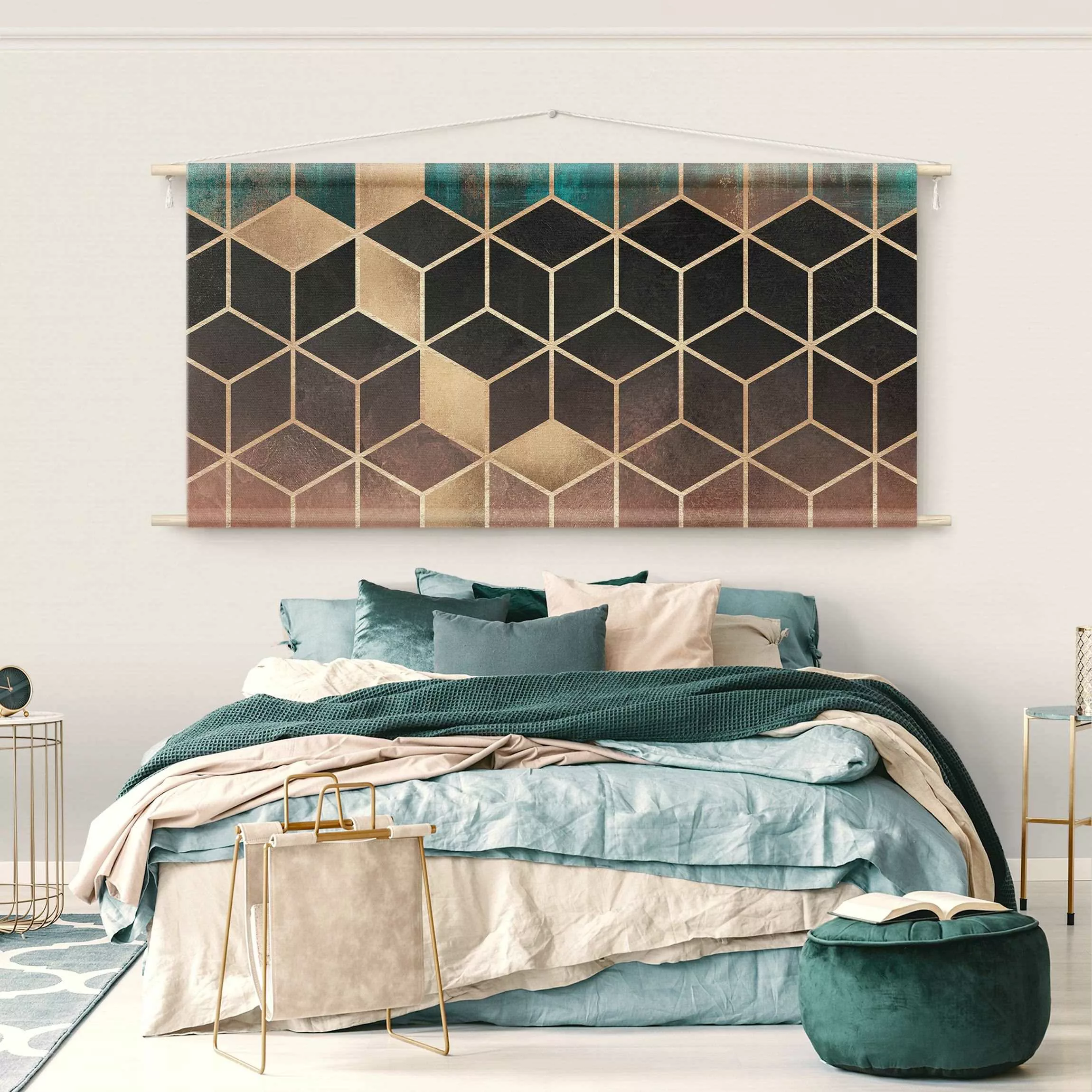 Wandteppich Türkis Rosé goldene Geometrie günstig online kaufen
