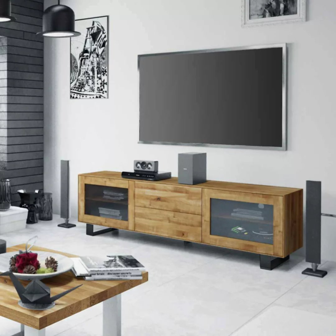TV Board mit Glastüren Wildeiche Massivholz günstig online kaufen