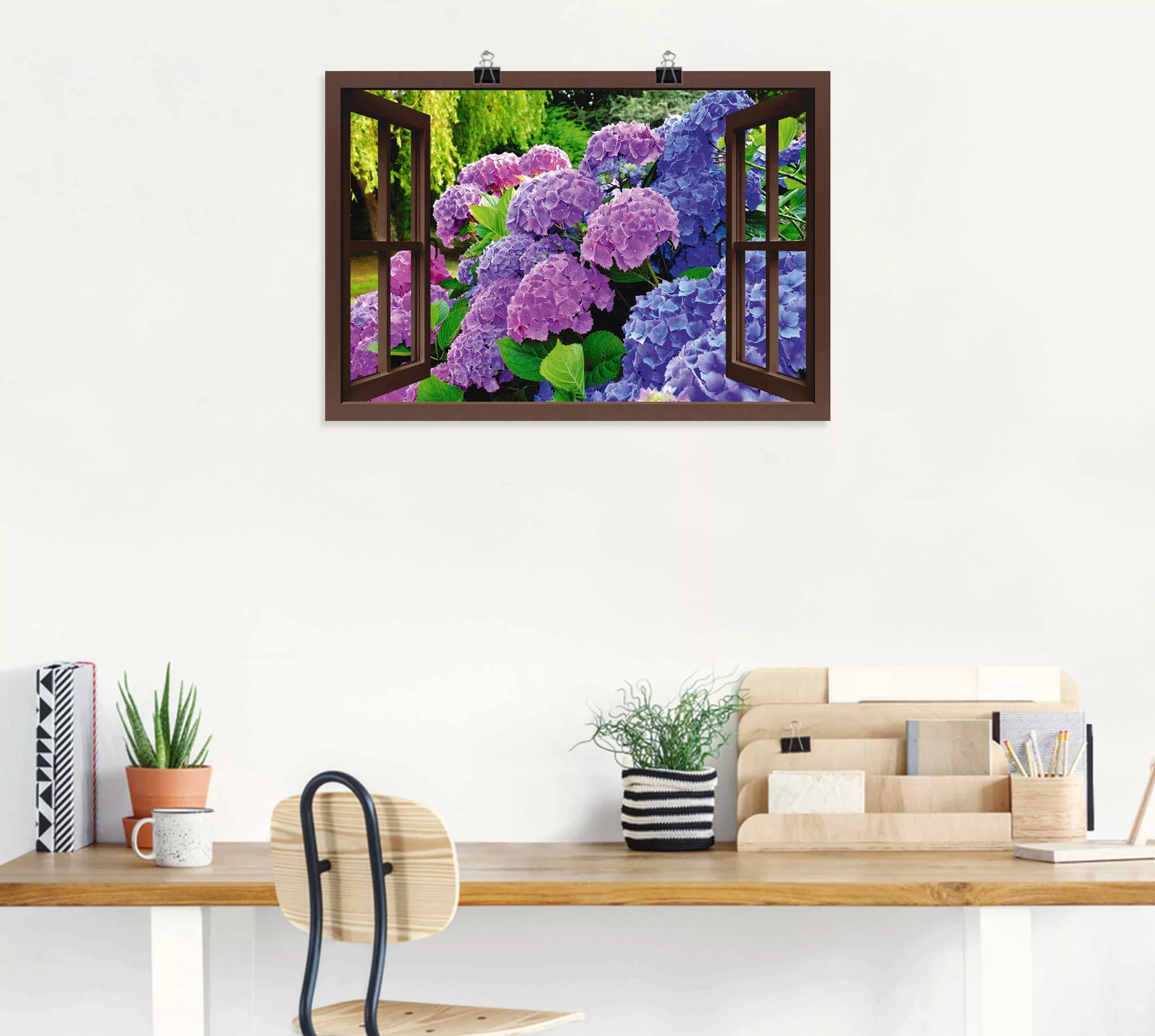 Artland Wandbild »Fensterblick Hortensien im Garten«, Blumen, (1 St.), als günstig online kaufen