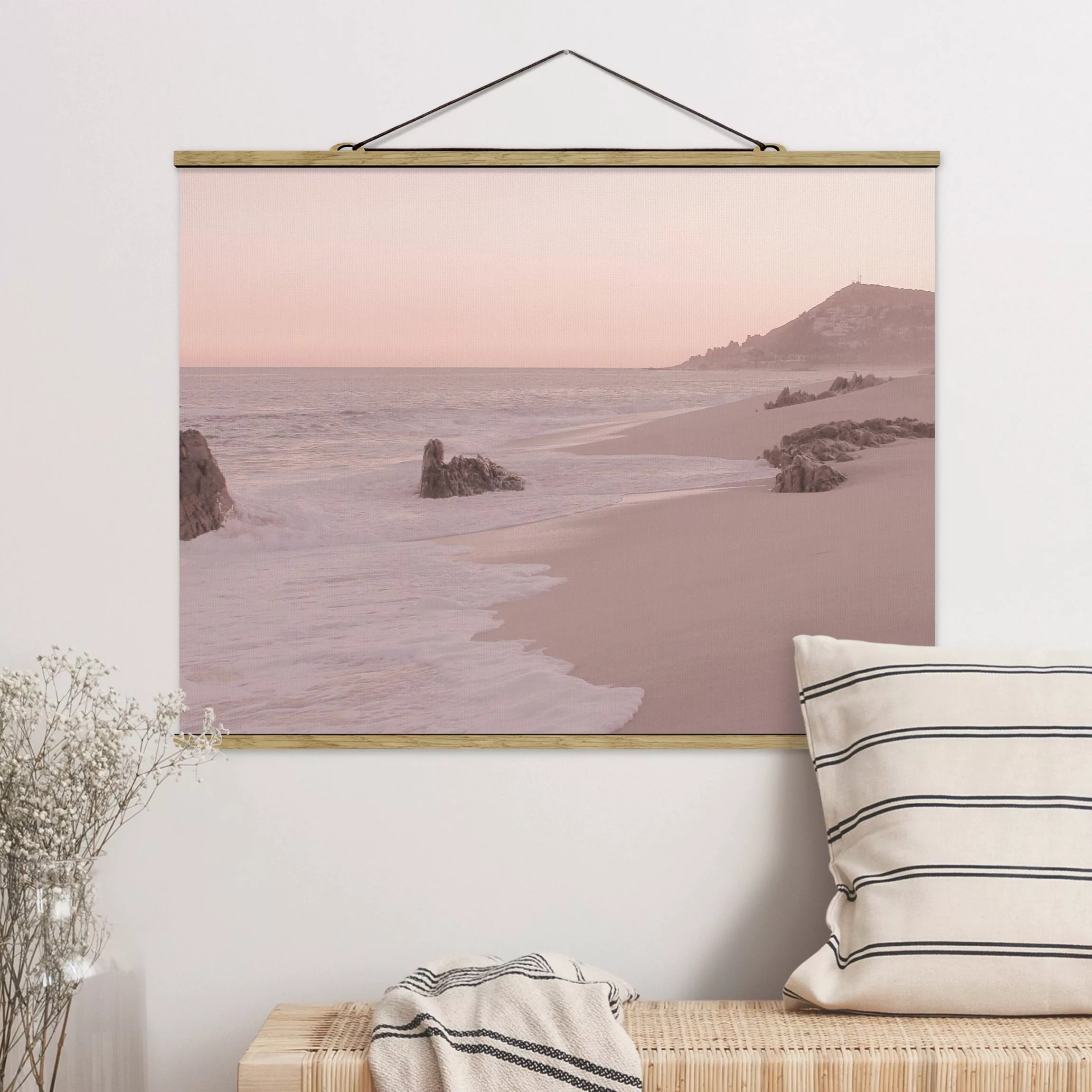 Stoffbild mit Posterleisten Roségoldener Strand günstig online kaufen