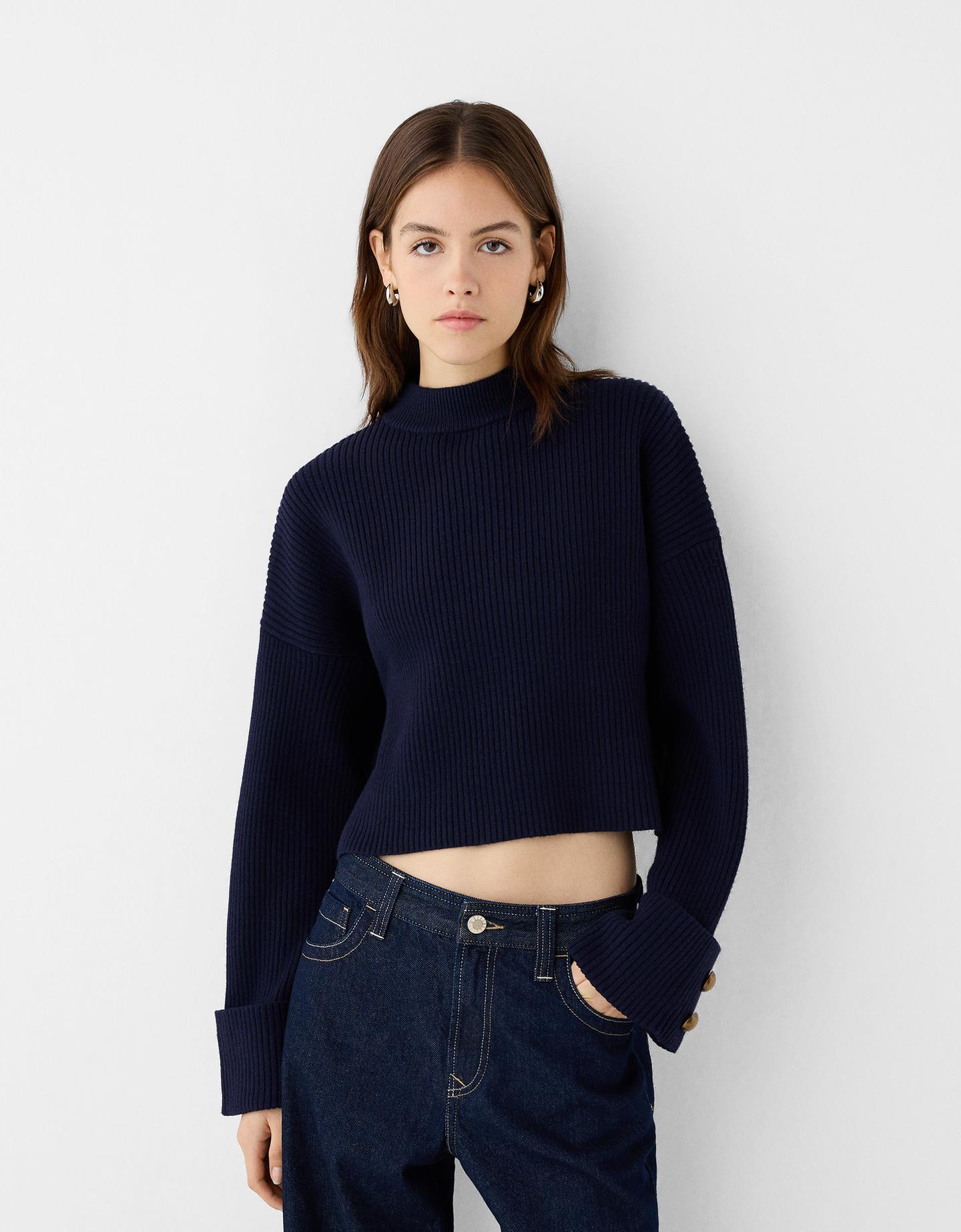 Bershka Gerippter Oversize-Pullover Mit Knöpfen An Den Ärmeln Damen M Blau günstig online kaufen