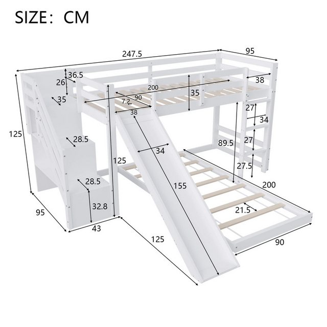 Furnishings Home Etagenbett 90x200cm Holzbett mit Treppe Rutschen Staufäche günstig online kaufen