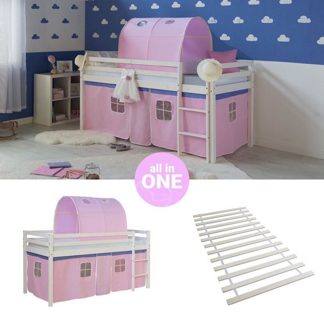 Homestyle4u Hochbett Kinderbett mit Leiter und Vorhang Weiß Rosa Holz Trepp günstig online kaufen