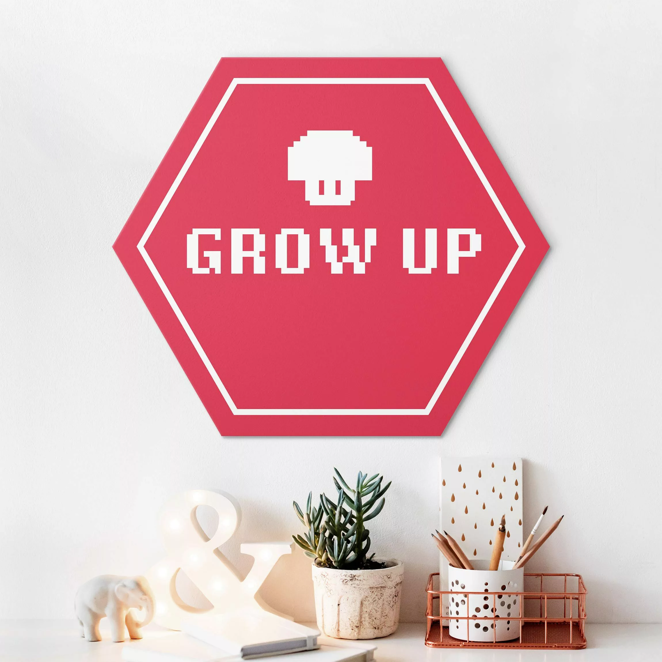 Hexagon-Alu-Dibond Bild Videospiel Spruch Grow Up in Rot günstig online kaufen