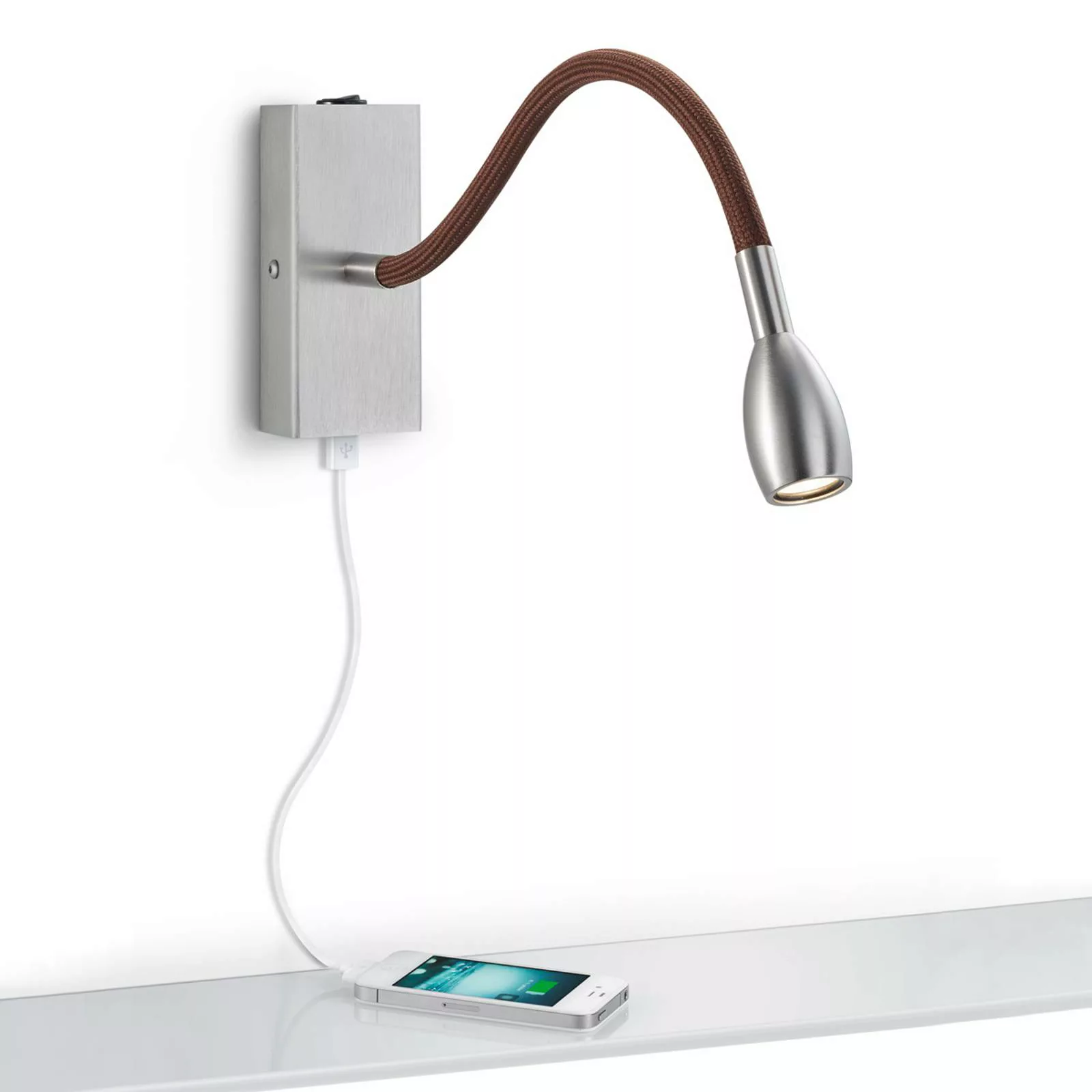 Mattgraue LED-Wandleuchte Milos mit braunem Stoff günstig online kaufen