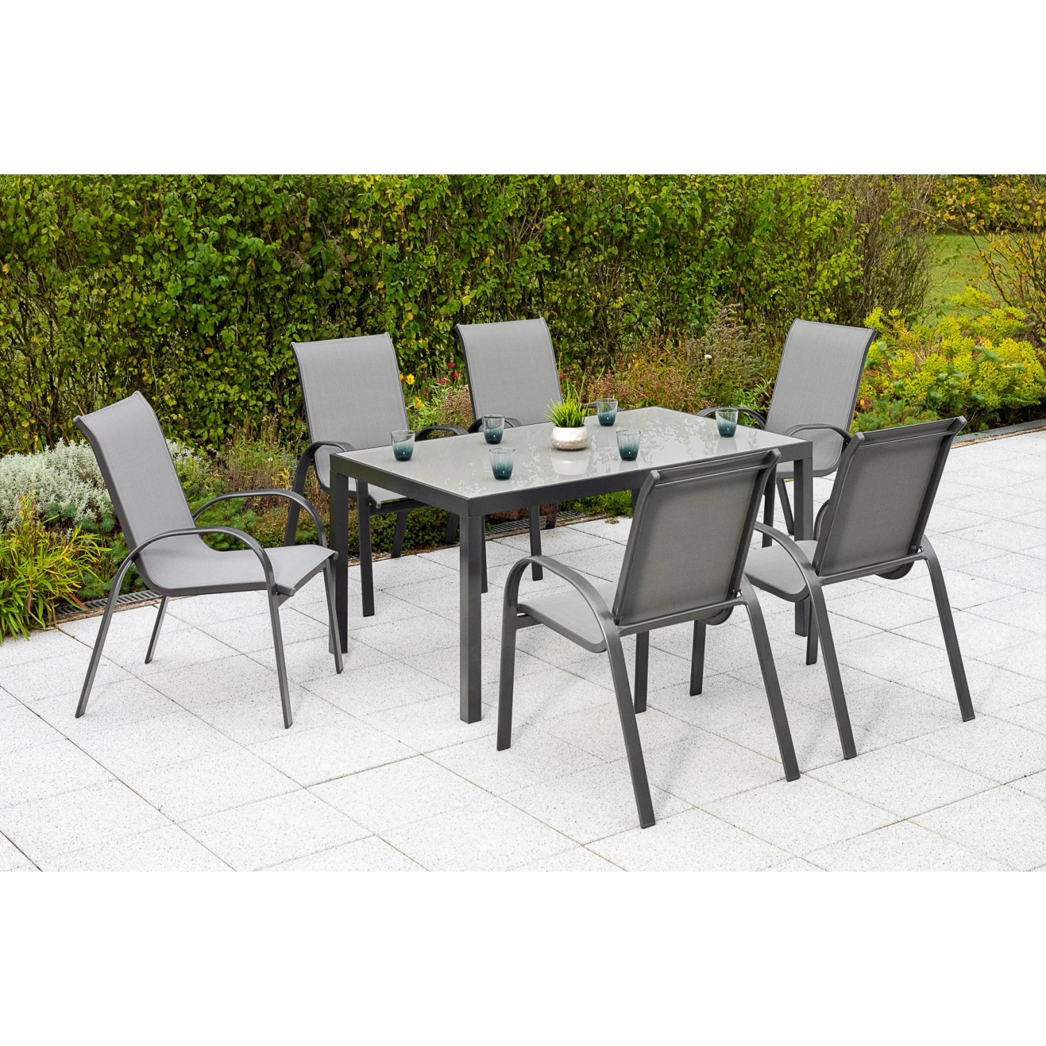 Merxx Amalfi Set 7 -tlg. 6 Stapelsessel Gartentisch 150 x 90 cm Graphit-Gra günstig online kaufen
