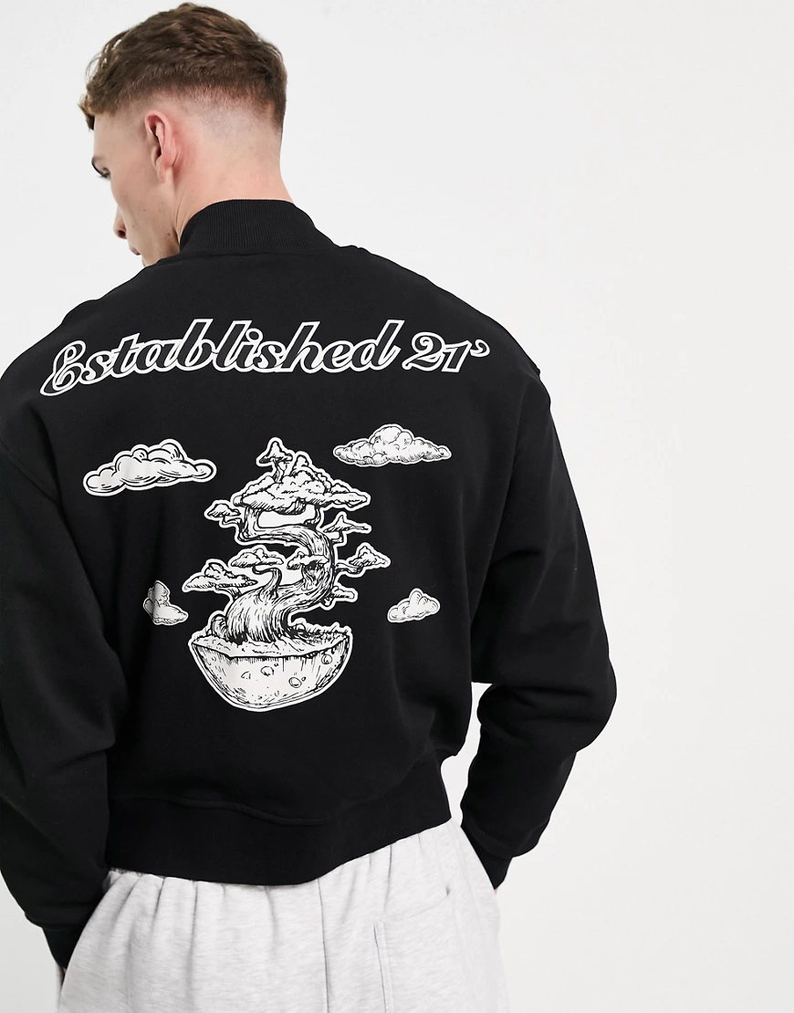 ASOS DESIGN – Oversize-Bomberjacke aus Jersey in Schwarz mit Bonsai-Rückenp günstig online kaufen