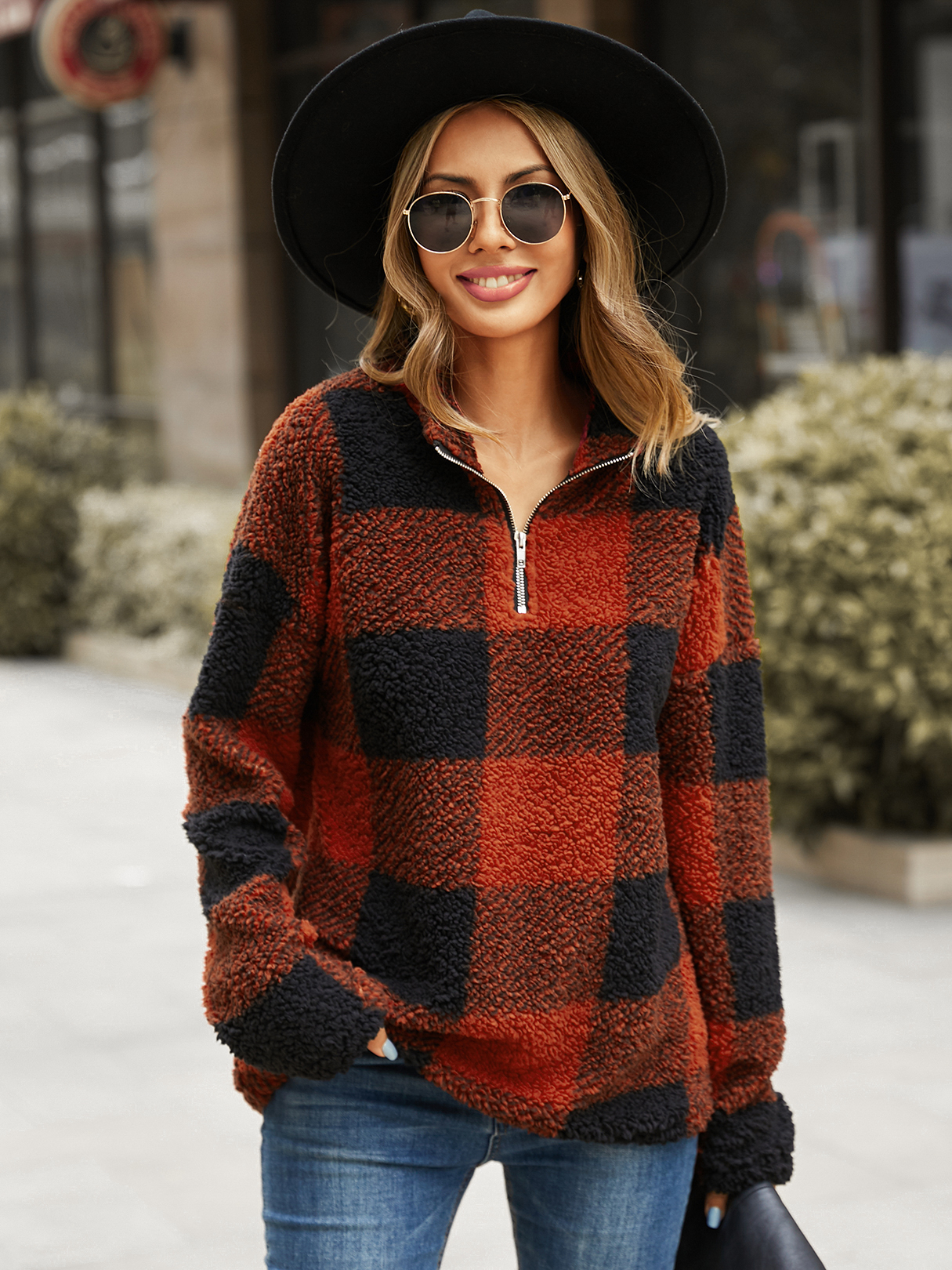 YOINS Plaid Zip Design Langarm Sweatshirt günstig online kaufen