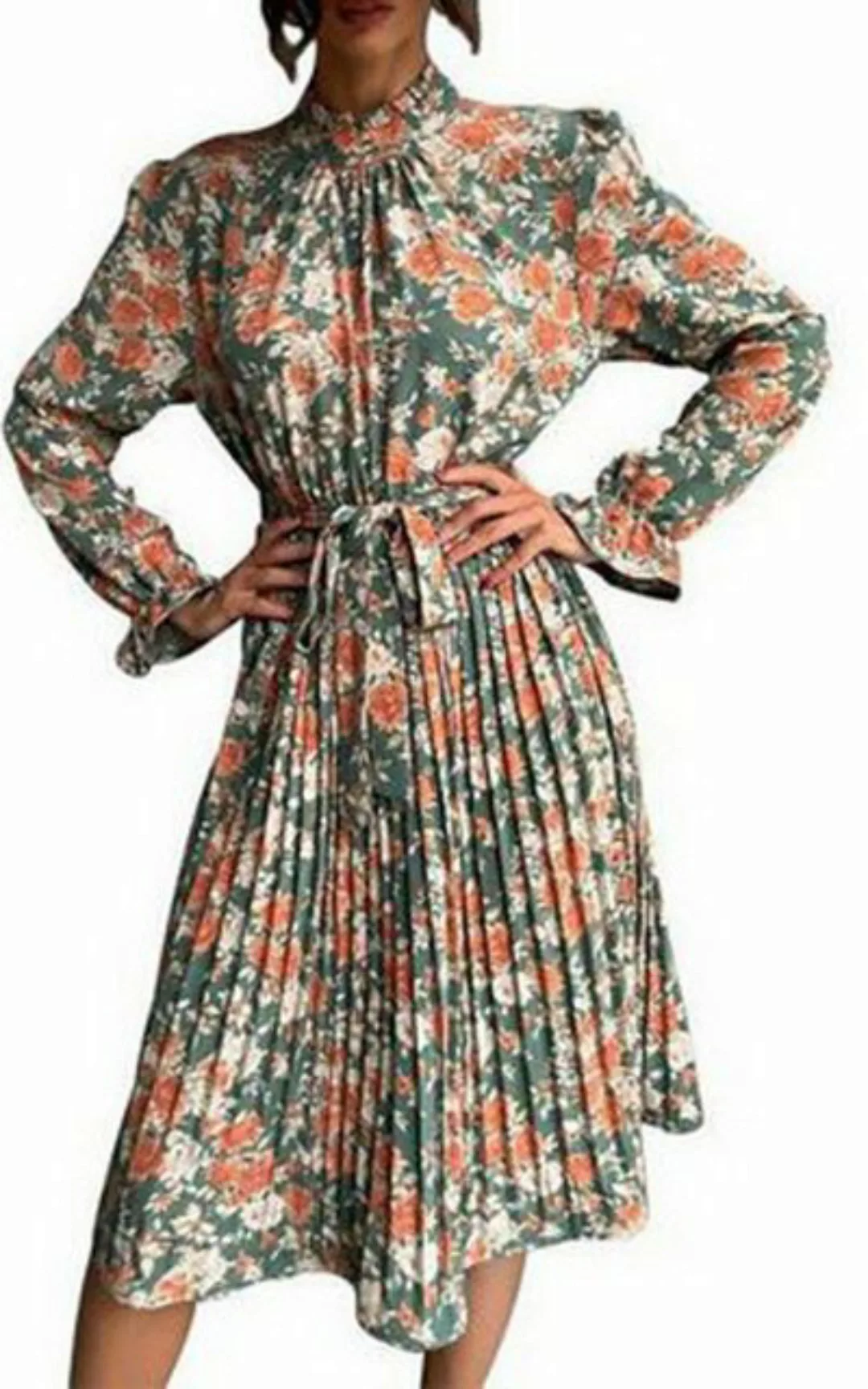 ZWY Dirndl Modisches Damenkleid Bedrucktes Langarmkleid mit halbhohem Krage günstig online kaufen