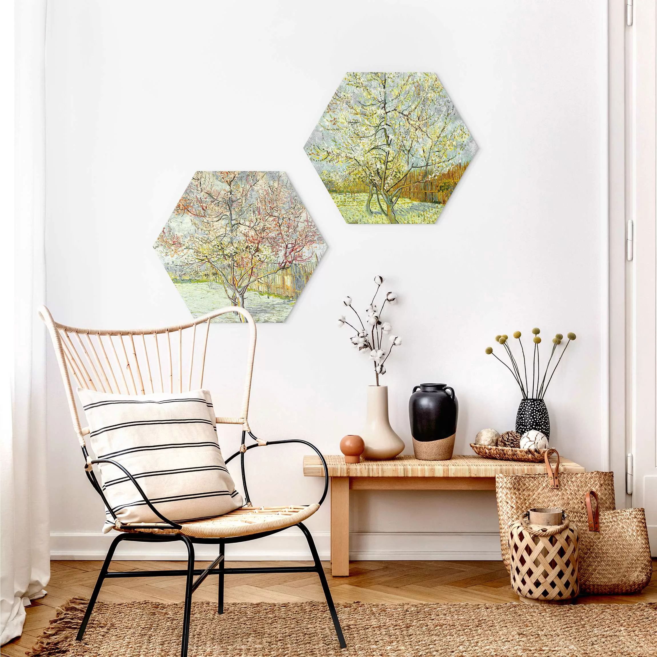 2-teiliges Hexagon-Alu-Dibond Bild Vincent van Gogh - Blühende Pfirsichbäum günstig online kaufen