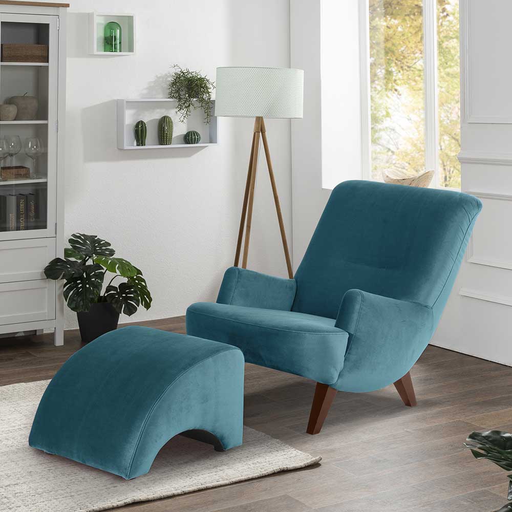 Moderner Design TV Sessel in Petrol Samtvelour Nussbaumfarben günstig online kaufen