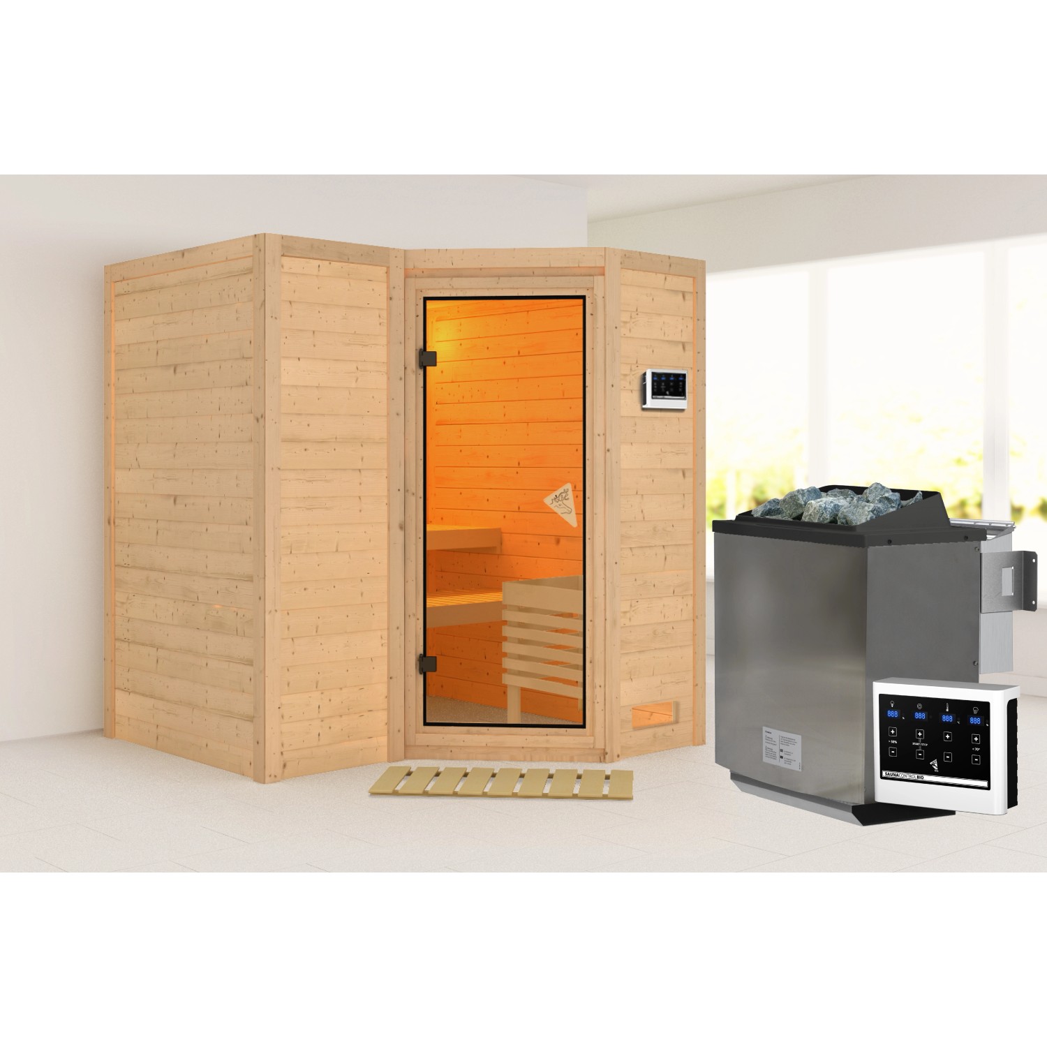 Woodfeeling Sauna-Set Steena 1 inkl. Edelstahl-Bio-Ofen 9 kW mit ext. Steue günstig online kaufen