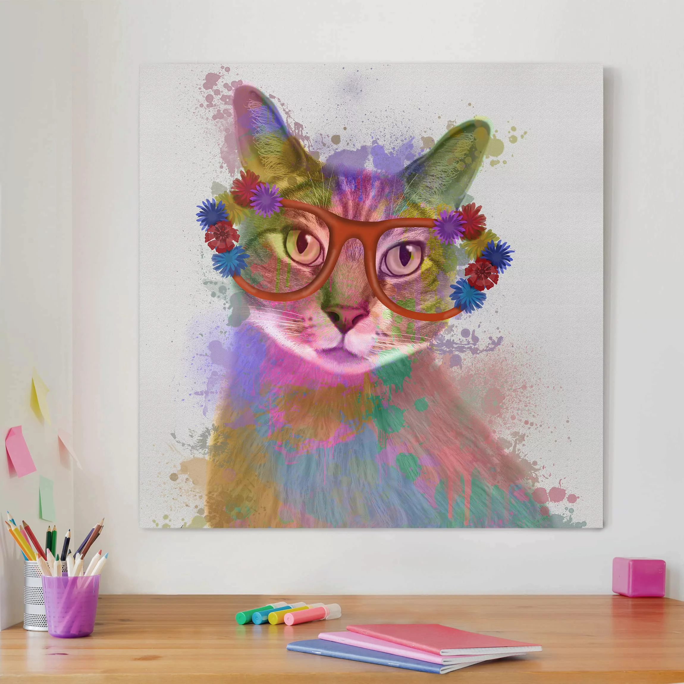 Leinwandbild Kinderzimmer - Quadrat Regenbogen Splash Katze günstig online kaufen