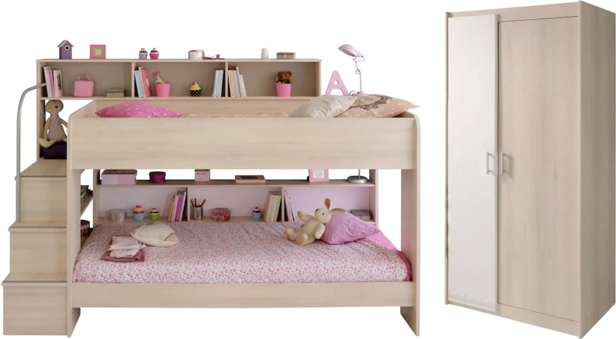 Faizee Möbel Hochbett Kinderbett Bibop Parisot +2-trg Kleiderschrank+Regale günstig online kaufen