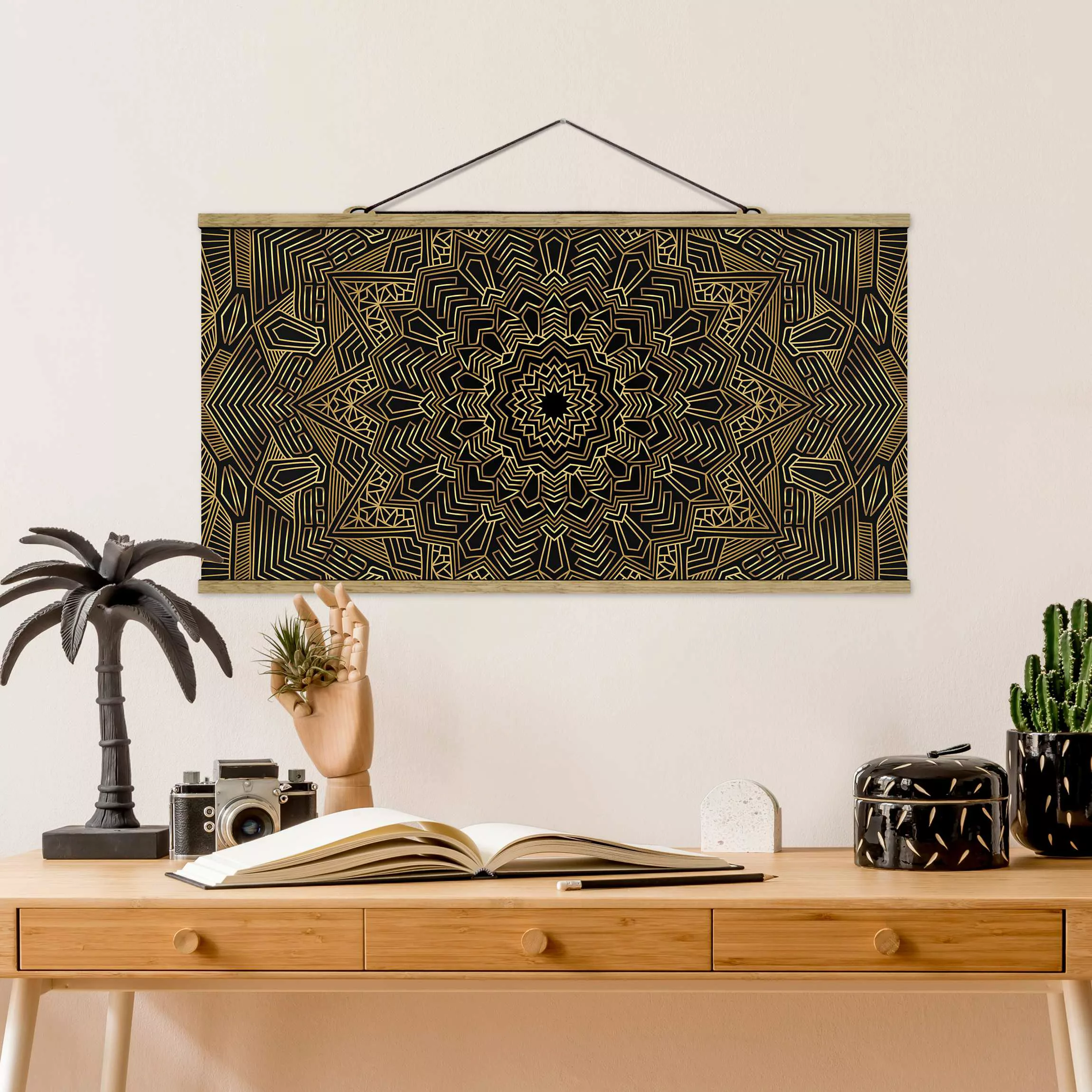 Stoffbild Mandala mit Posterleisten - Querformat Mandala Stern Muster gold günstig online kaufen